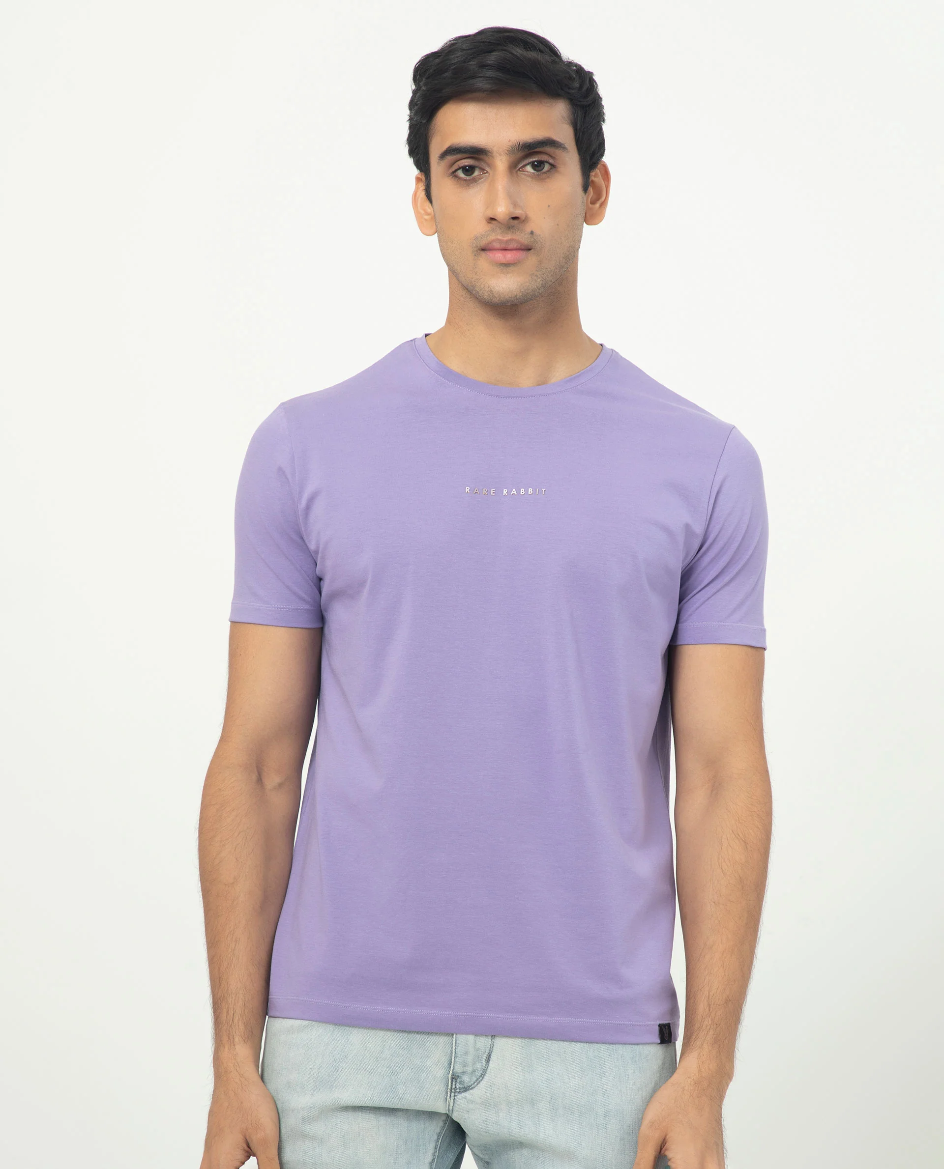 Rare Rabbit Men's Rabbit-5 Purple Cotton Plain Regular Fit Half Sleeve Crew Neck T-Shirt
