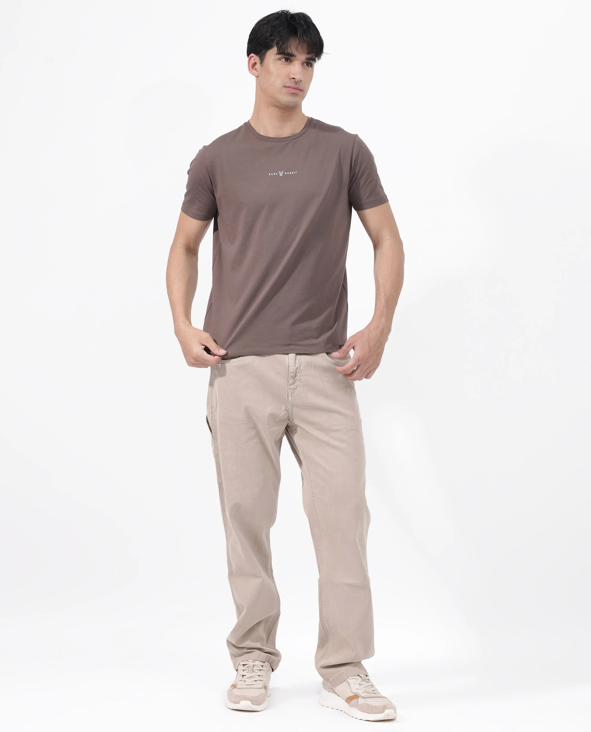 Rare Rabbit Men's Rabbitz Brown Cotton Blend Plain Regular Fit Half Sleeve Crew Neck T-Shirt - Image 2