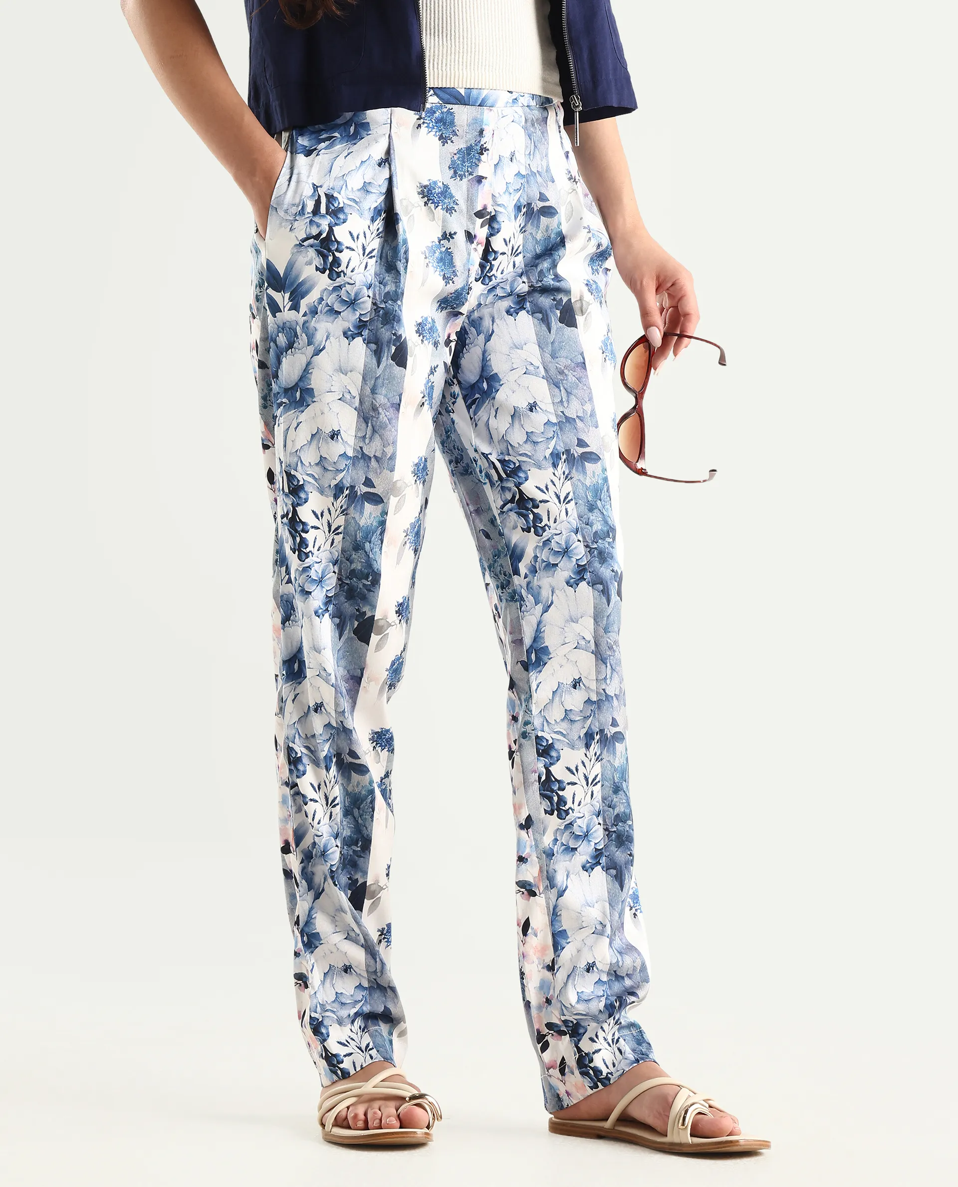 Rareism Women's Rabella Blue Polyester Floral Print Ankle Length Tailored Trouser - Image 2