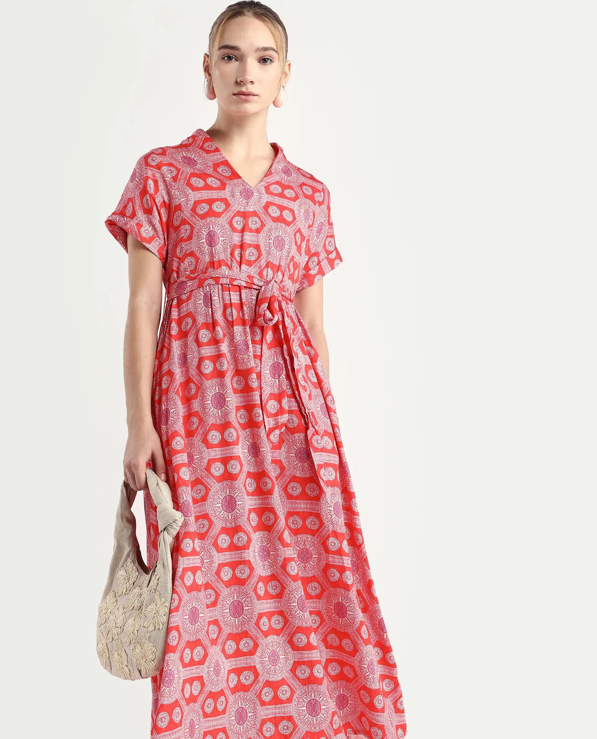 Rareism Women's Rada Red Cotton V-Neck Geometric Print Flutter Sleeve Midi A-Line Dress - Image 2