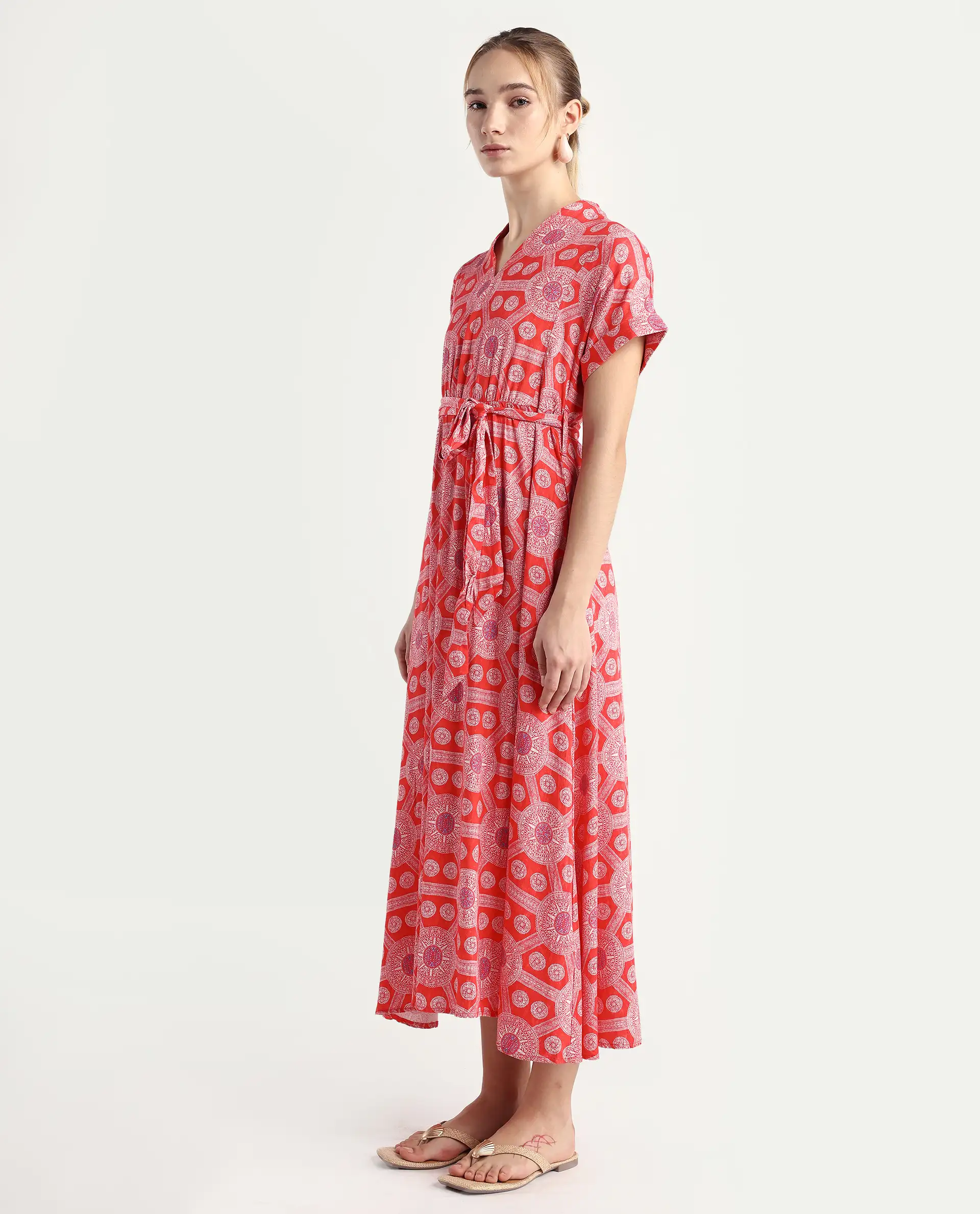 Rareism Women's Rada Red Cotton V-Neck Geometric Print Flutter Sleeve Midi A-Line Dress - Image 5