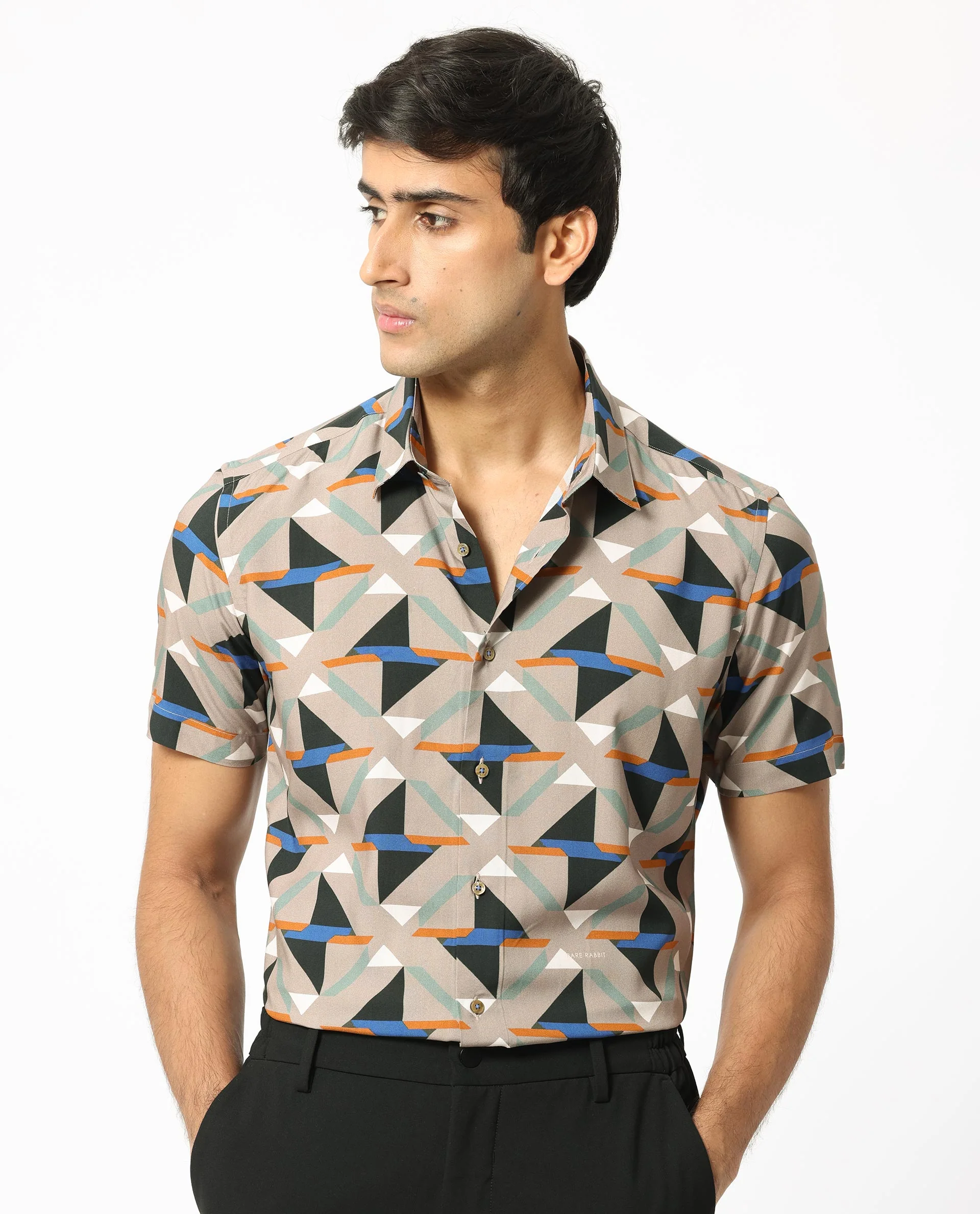 Rare Rabbit Men's Radium Beige Viscose Geometric Print Regular Fit Half Sleeve Collared Shirt