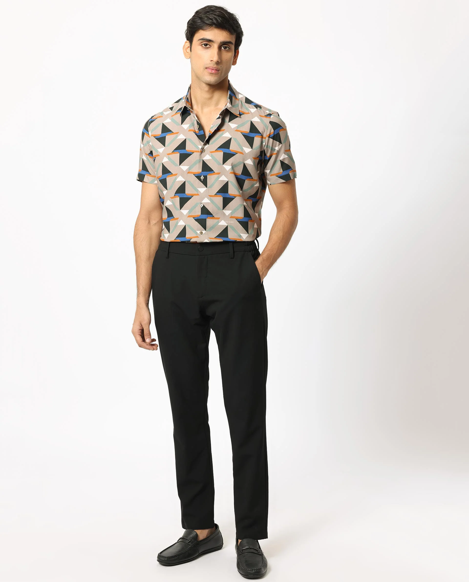 Rare Rabbit Men's Radium Beige Viscose Geometric Print Regular Fit Half Sleeve Collared Shirt - Image 2