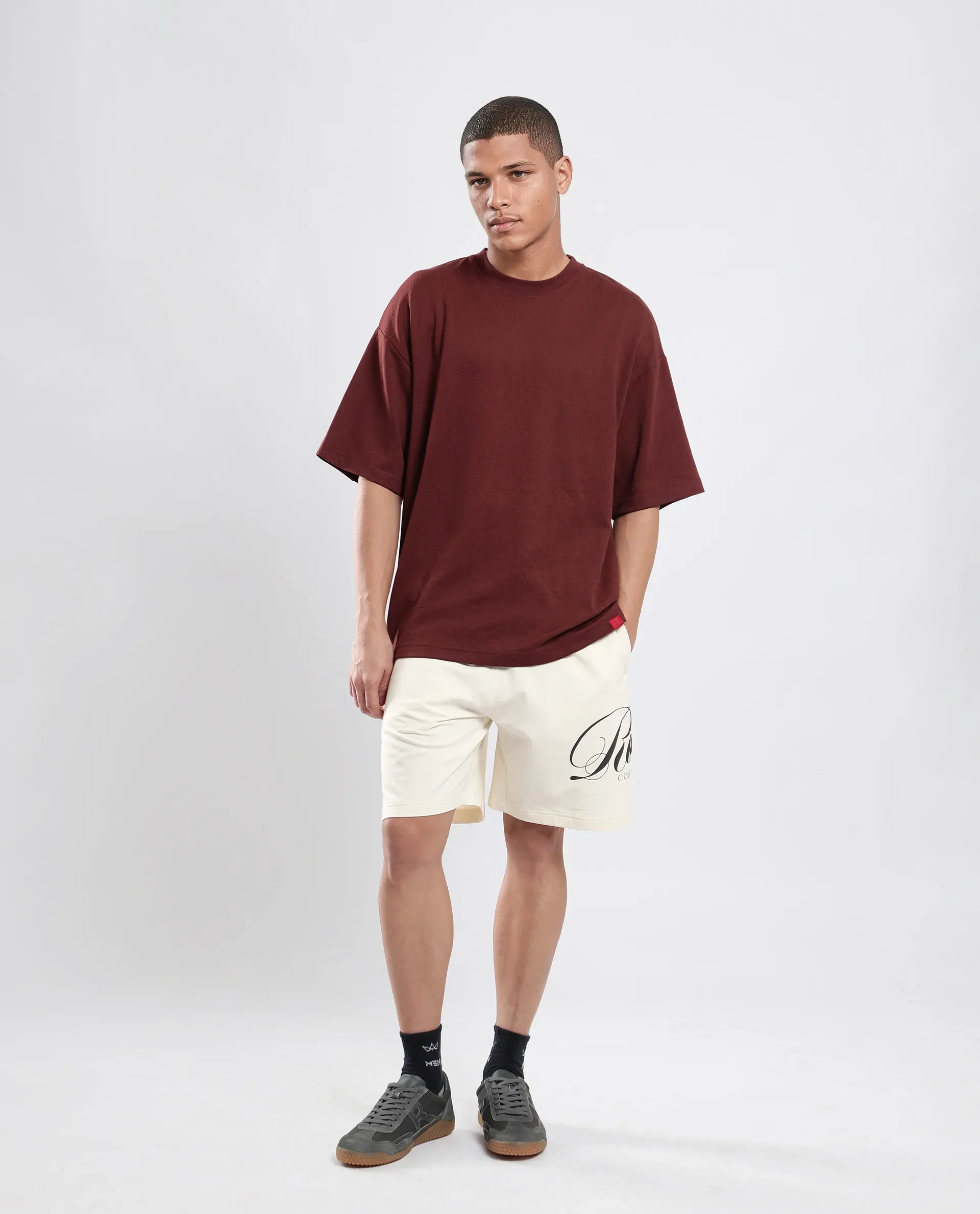 Rare Rabbit Men's Ranot Off White Cotton Graphic Print Oversized Fit Shorts