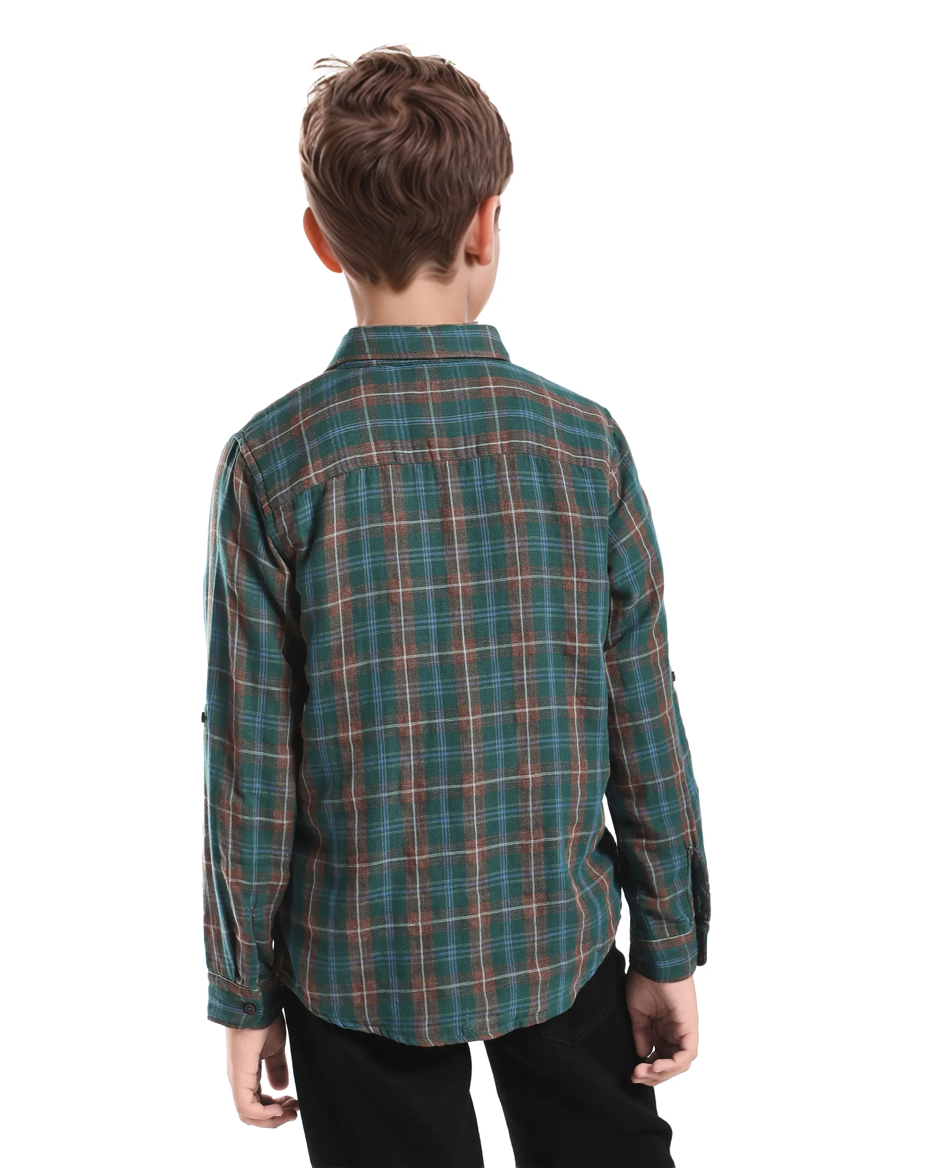 Rare Ones Kids Nash Dark Green Cotton Blend Checked Button Closure Regular Fit Shirt - Image 8