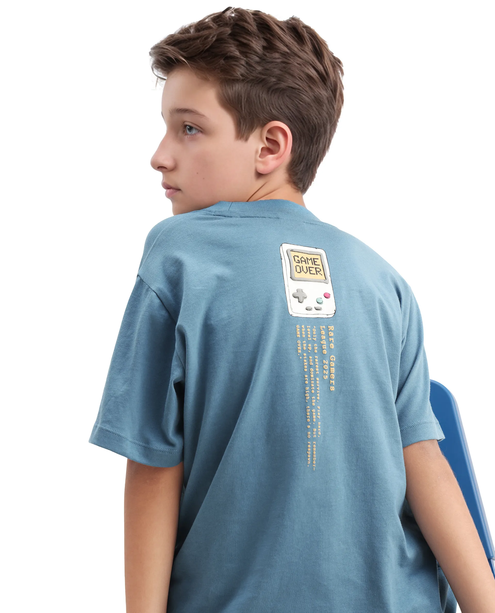 Rare Ones Kids Riho Dusky Blue Cotton Puff Print Regular Fit T-Shirt