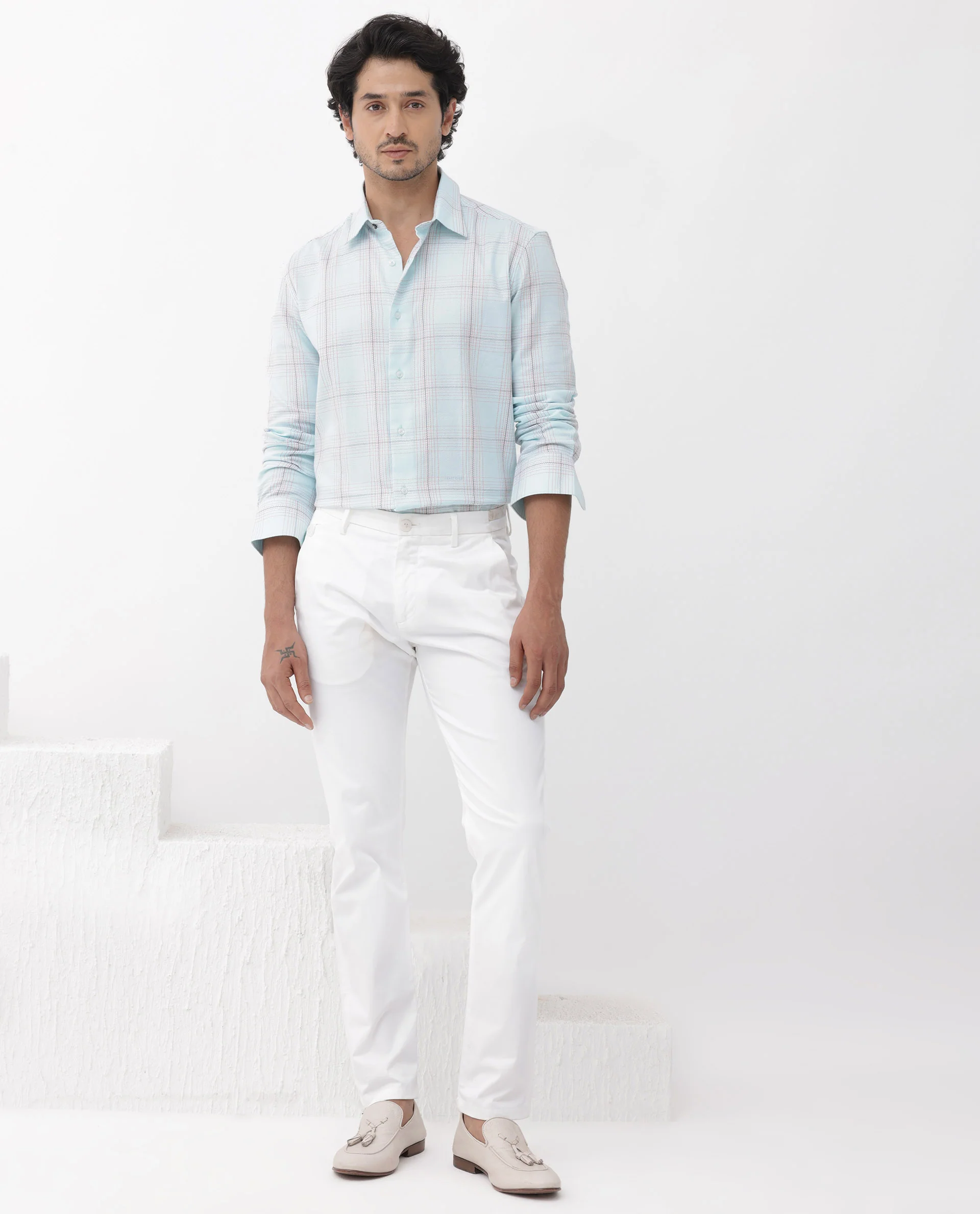 Rare Rabbit Men's Raul Light Blue Cotton Checked Print Regular Fit Full Sleeve Collared Shirt - Image 2