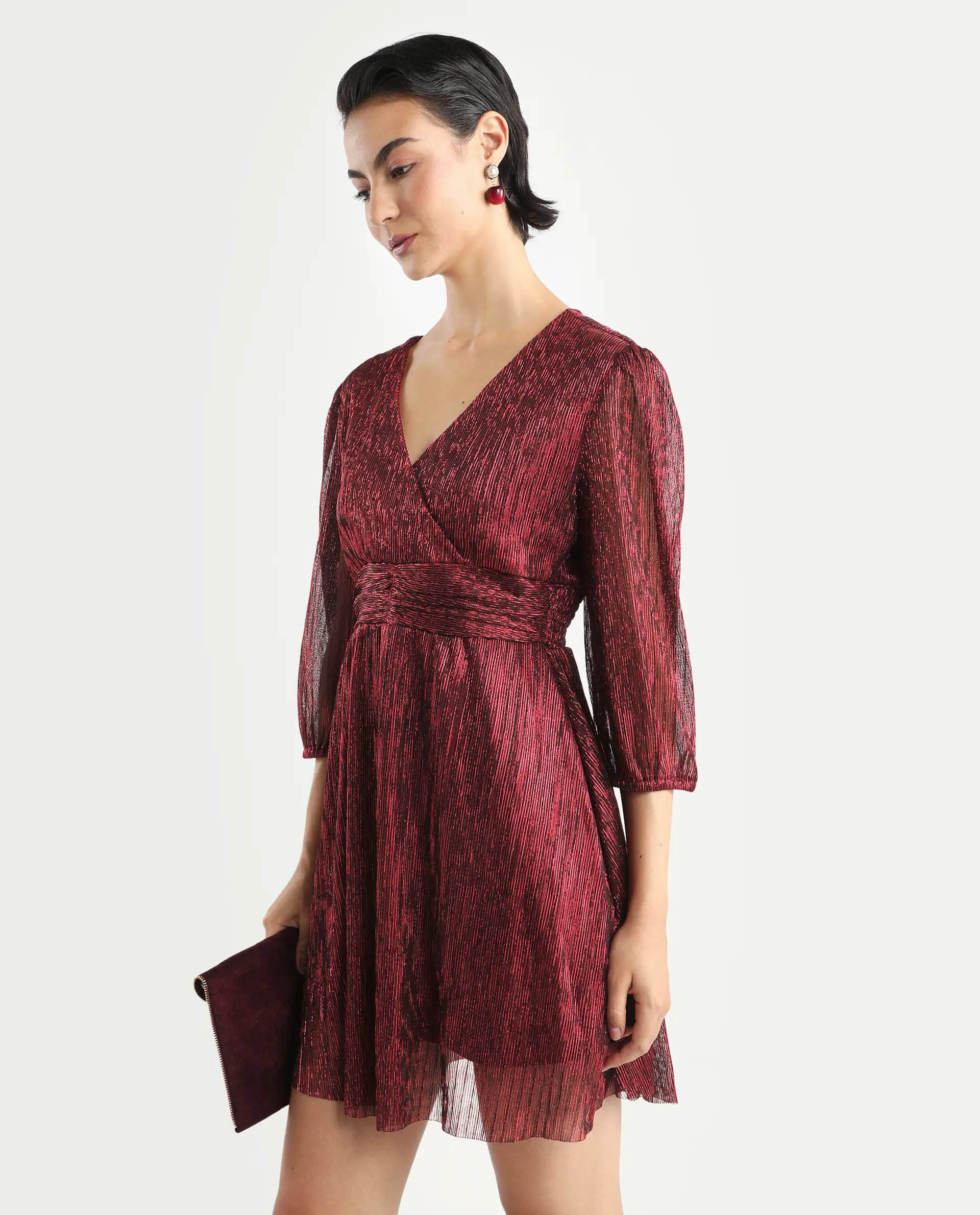 Rareism Women's Ravin Metalic Red Polyester Collarless Floral Print Balloon Sleeve Mini Fit And Flare Dress