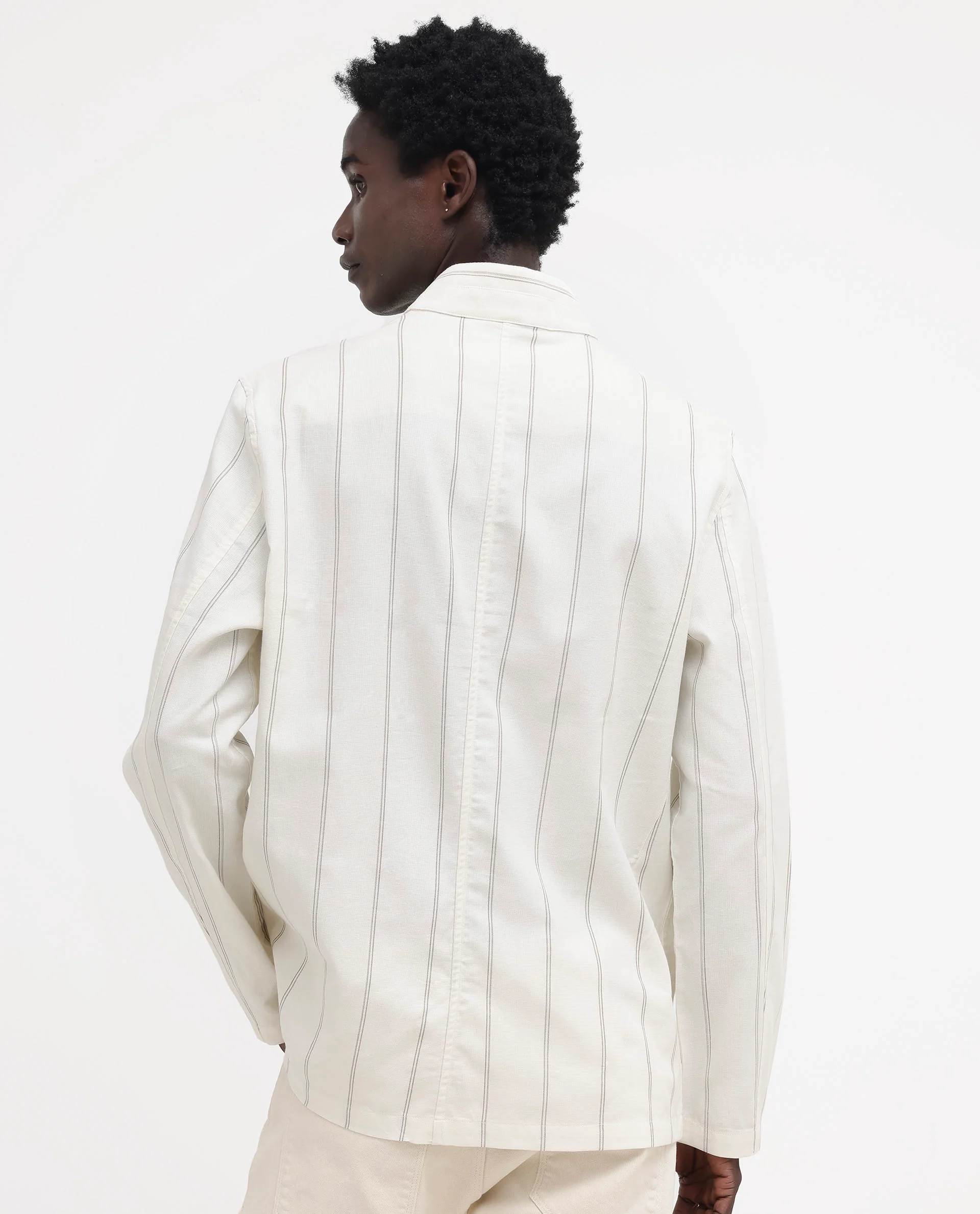 Rare Rabbit Men's Ray Off White Cotton Striped Print Relaxed Fit Full Sleeve Mandarin Collar Jacket - Image 10