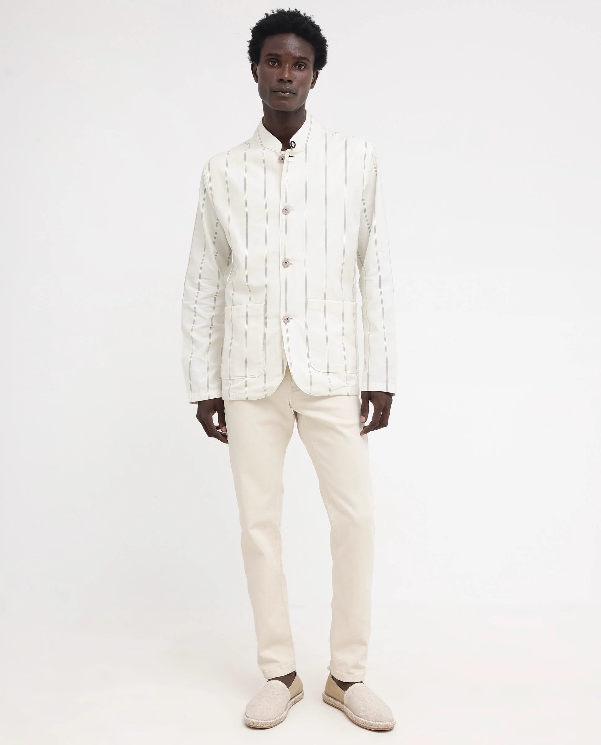Rare Rabbit Men's Ray Off White Cotton Striped Print Relaxed Fit Full Sleeve Mandarin Collar Jacket - Image 7