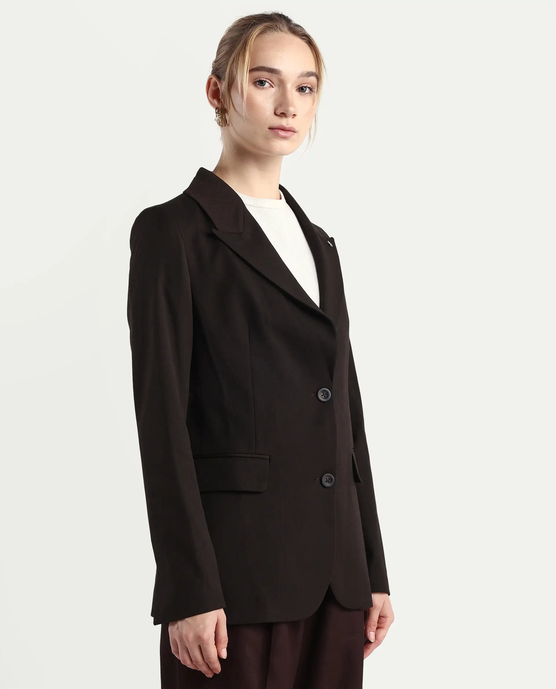 Rareism Women's Reca Dark Brown Polyester Blend Fabric Full Sleeve Lapel Collar Plain Blazer - Image 6