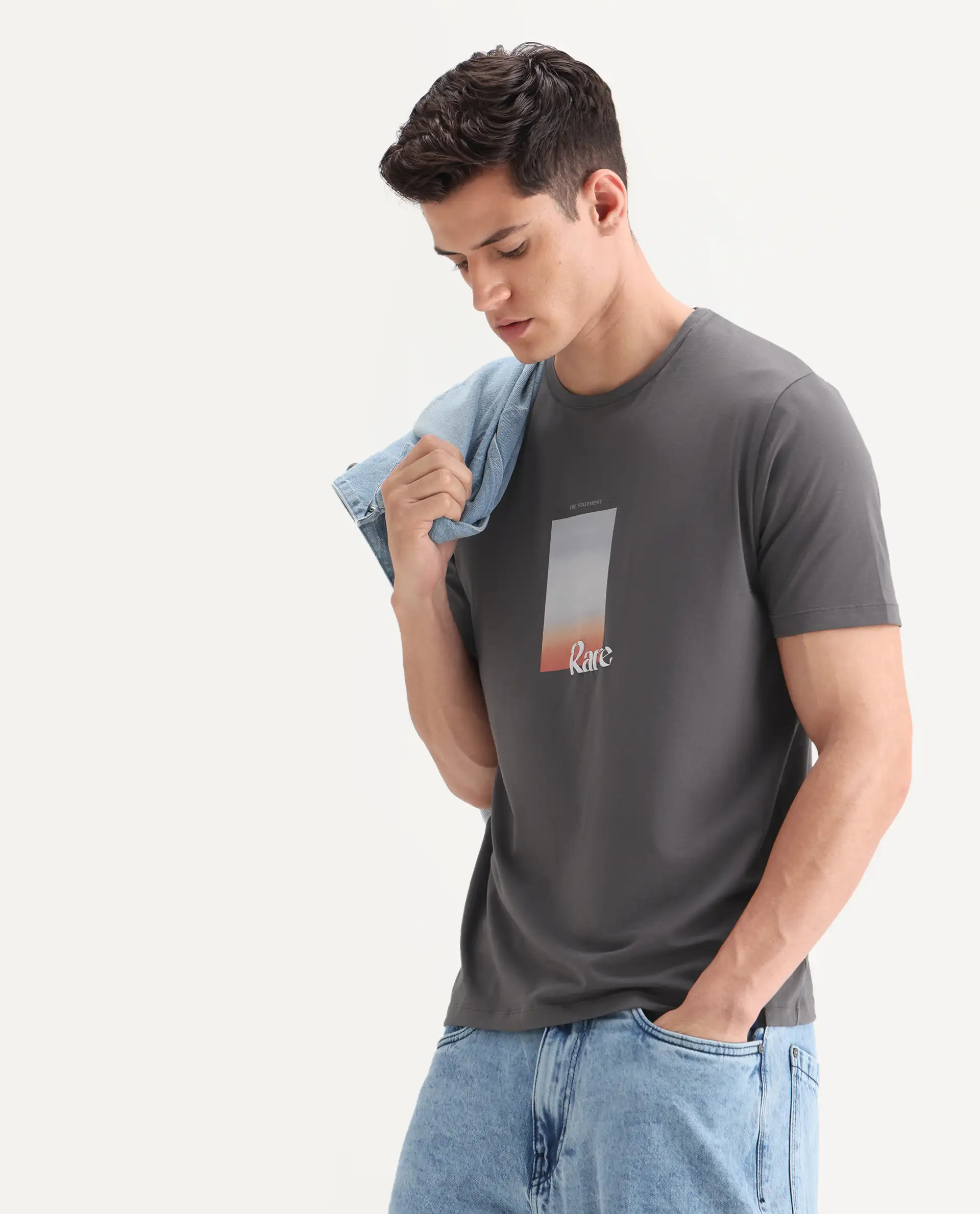 Rare Rabbit Men's Recor Grey Cotton Blend Graphic Print Regular Fit Half Sleeve Crew Neck T-Shirt