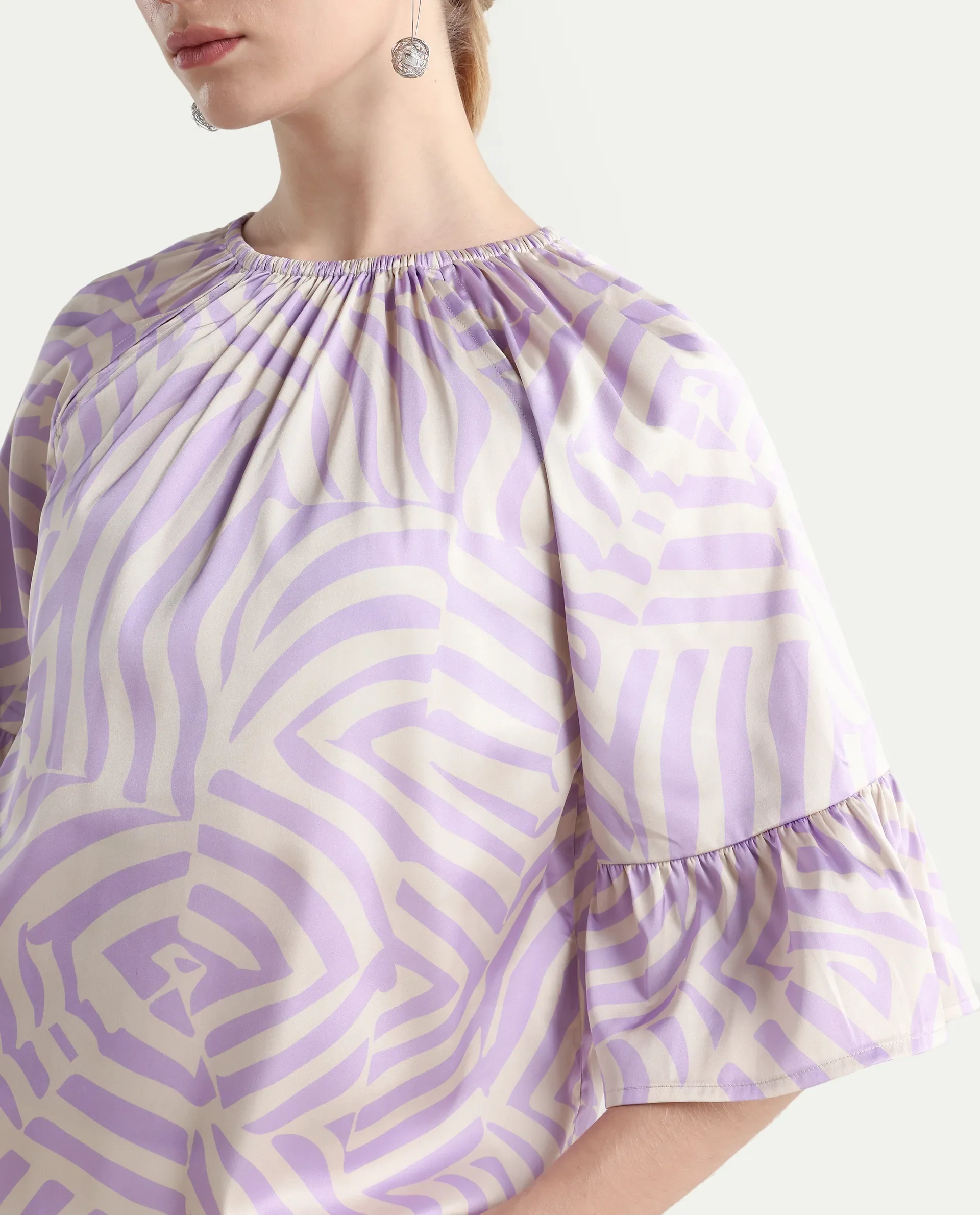 Rareism Women's Reila Pastel Purple Polyester Boat Neck Geometric Print Raglan Sleeve Relaxed Fit Top