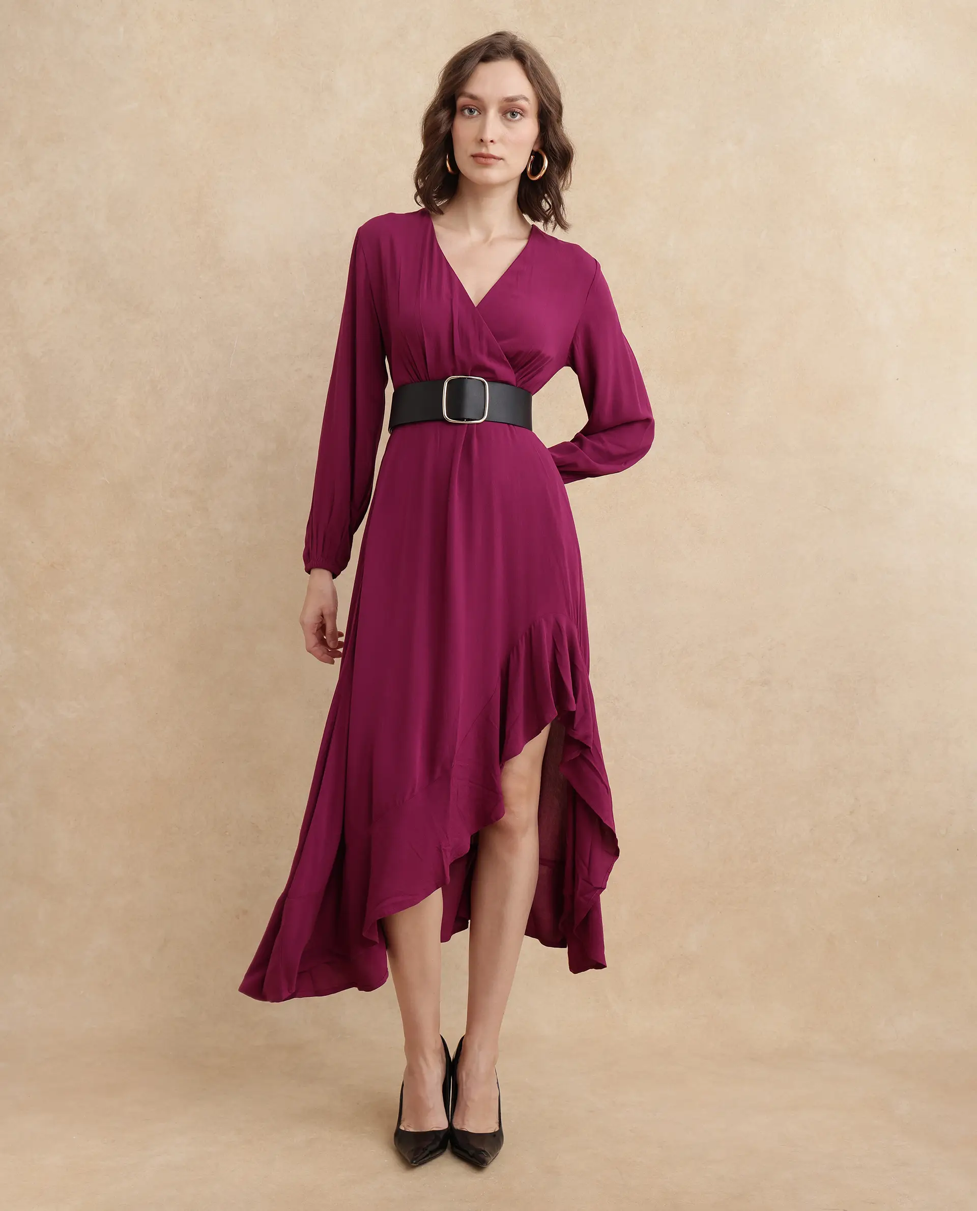 Rareism Women's Rens Dark Maroon Cotton Overlap Neck Plain Puff Sleeves Maxi Fit And Flare Dress - Image 10