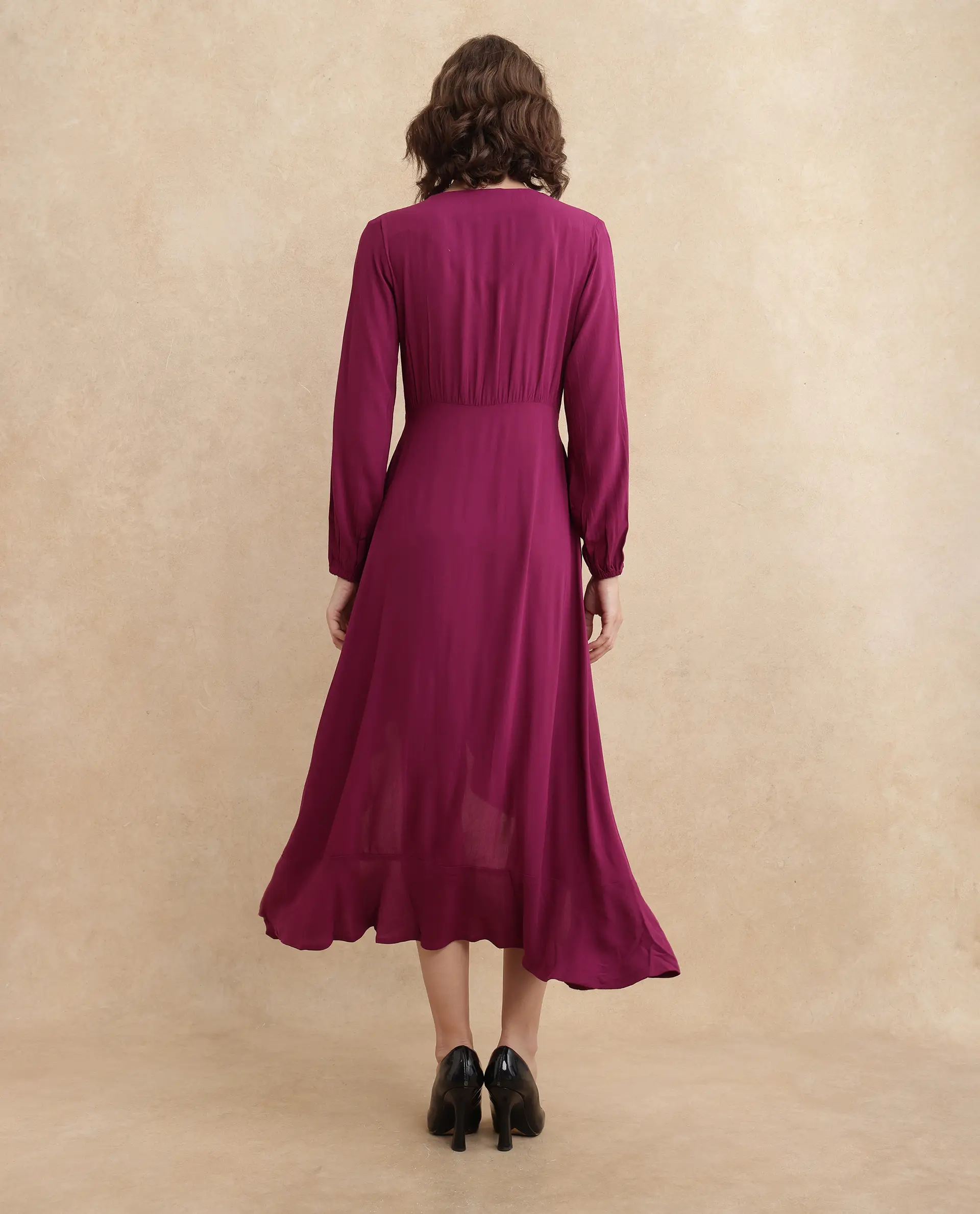 Rareism Women's Rens Dark Maroon Cotton Overlap Neck Plain Puff Sleeves Maxi Fit And Flare Dress - Image 11