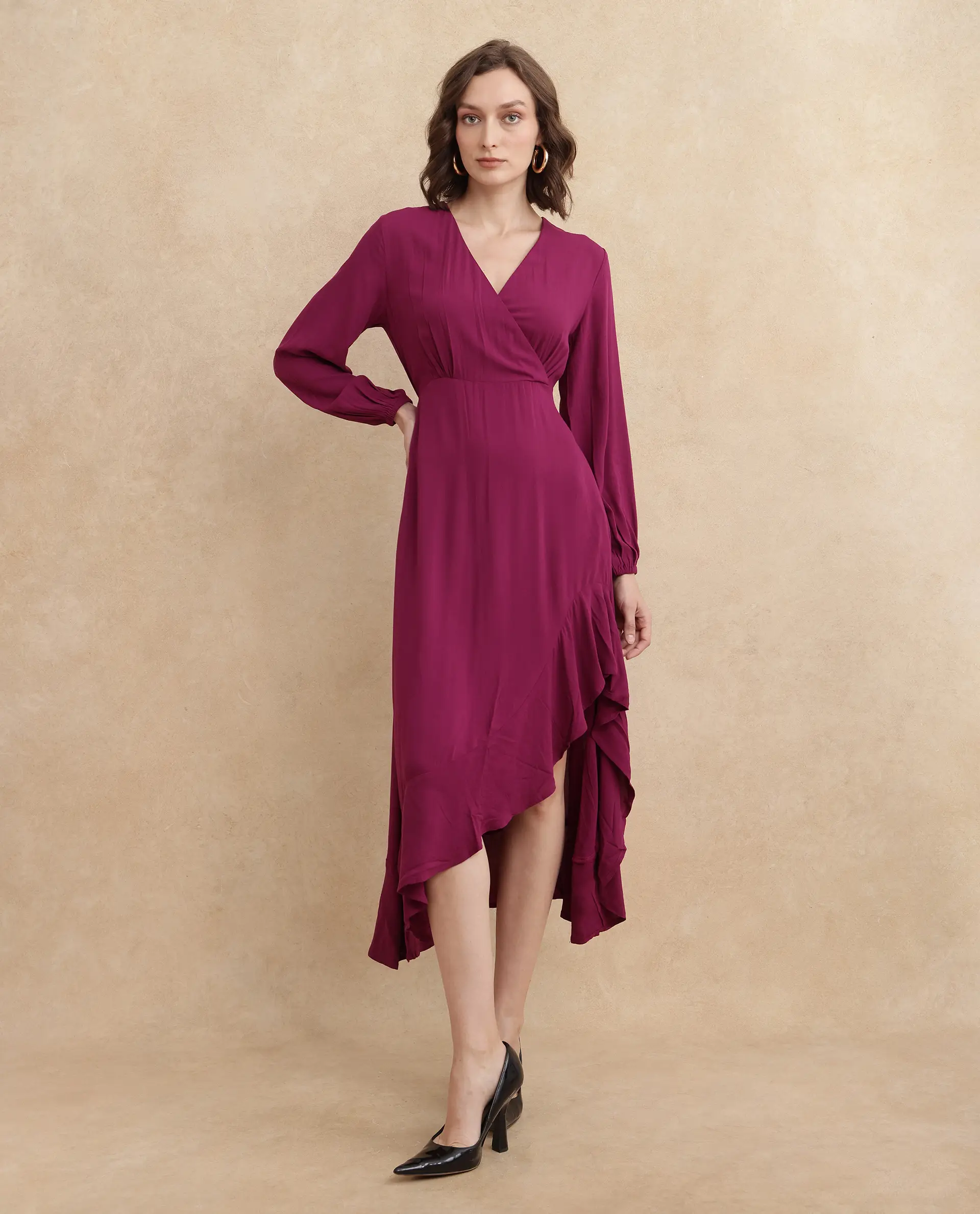 Rareism Women's Rens Dark Maroon Cotton Overlap Neck Plain Puff Sleeves Maxi Fit And Flare Dress - Image 3