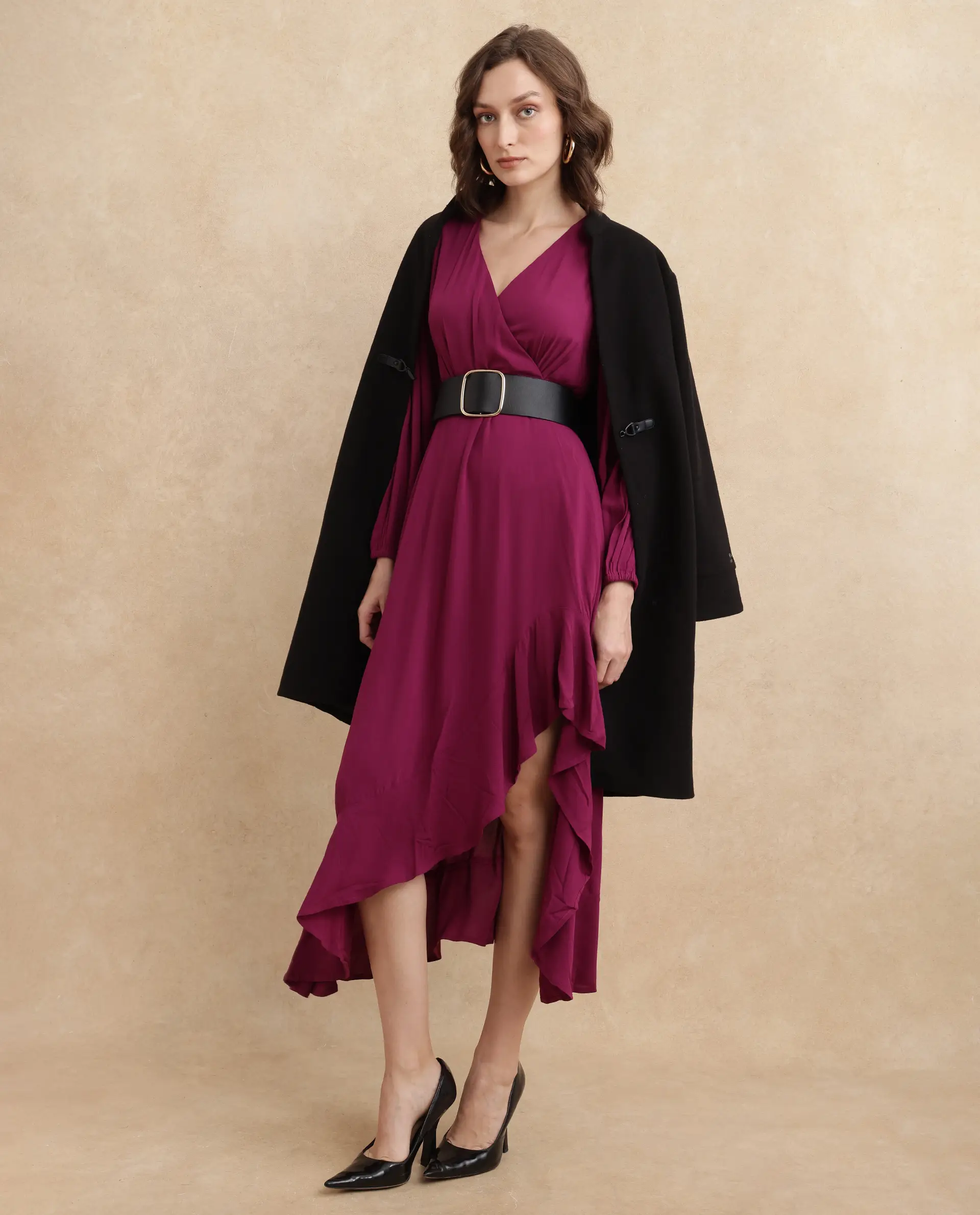 Rareism Women's Rens Dark Maroon Cotton Overlap Neck Plain Puff Sleeves Maxi Fit And Flare Dress - Image 4