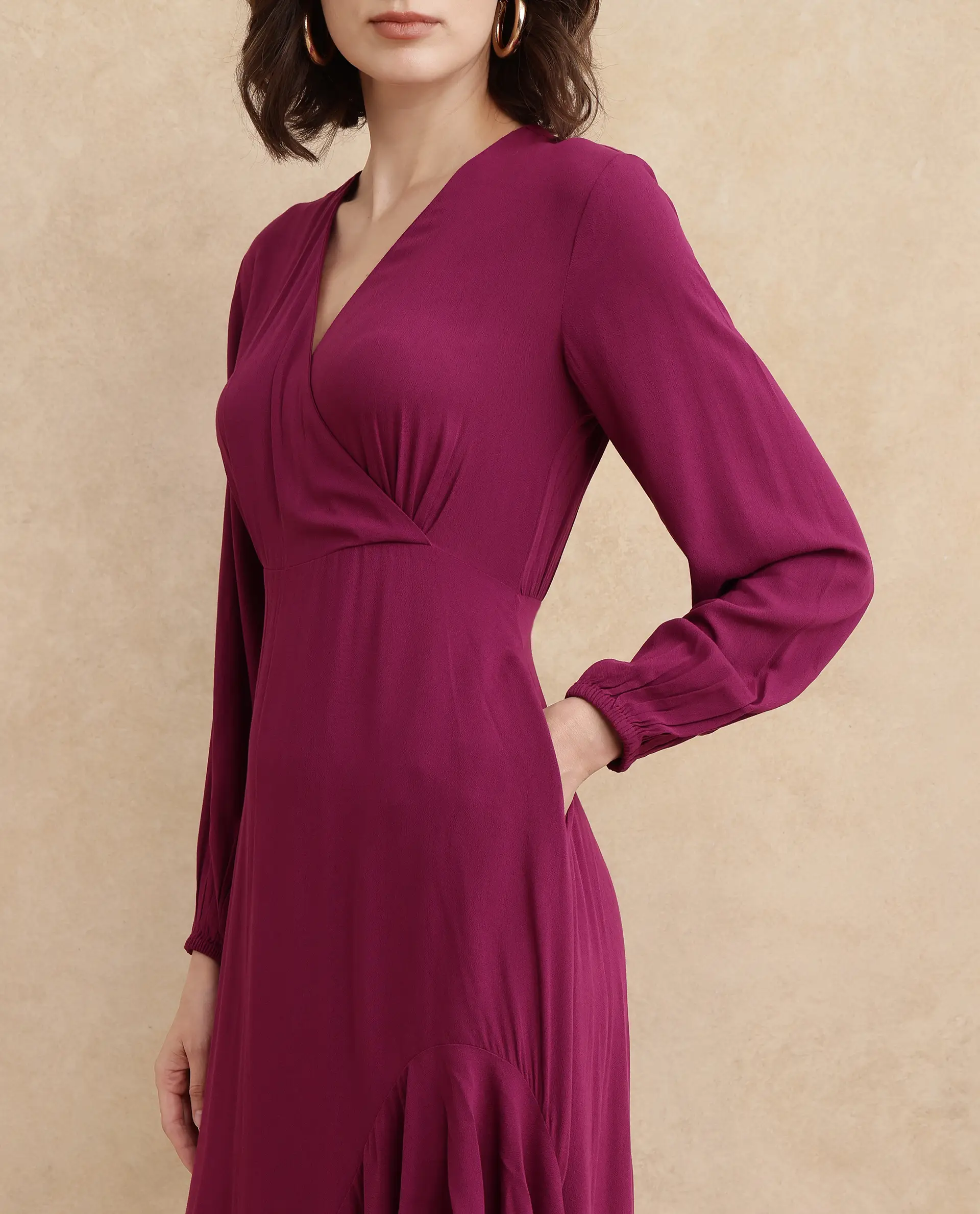 Rareism Women's Rens Dark Maroon Cotton Overlap Neck Plain Puff Sleeves Maxi Fit And Flare Dress - Image 5