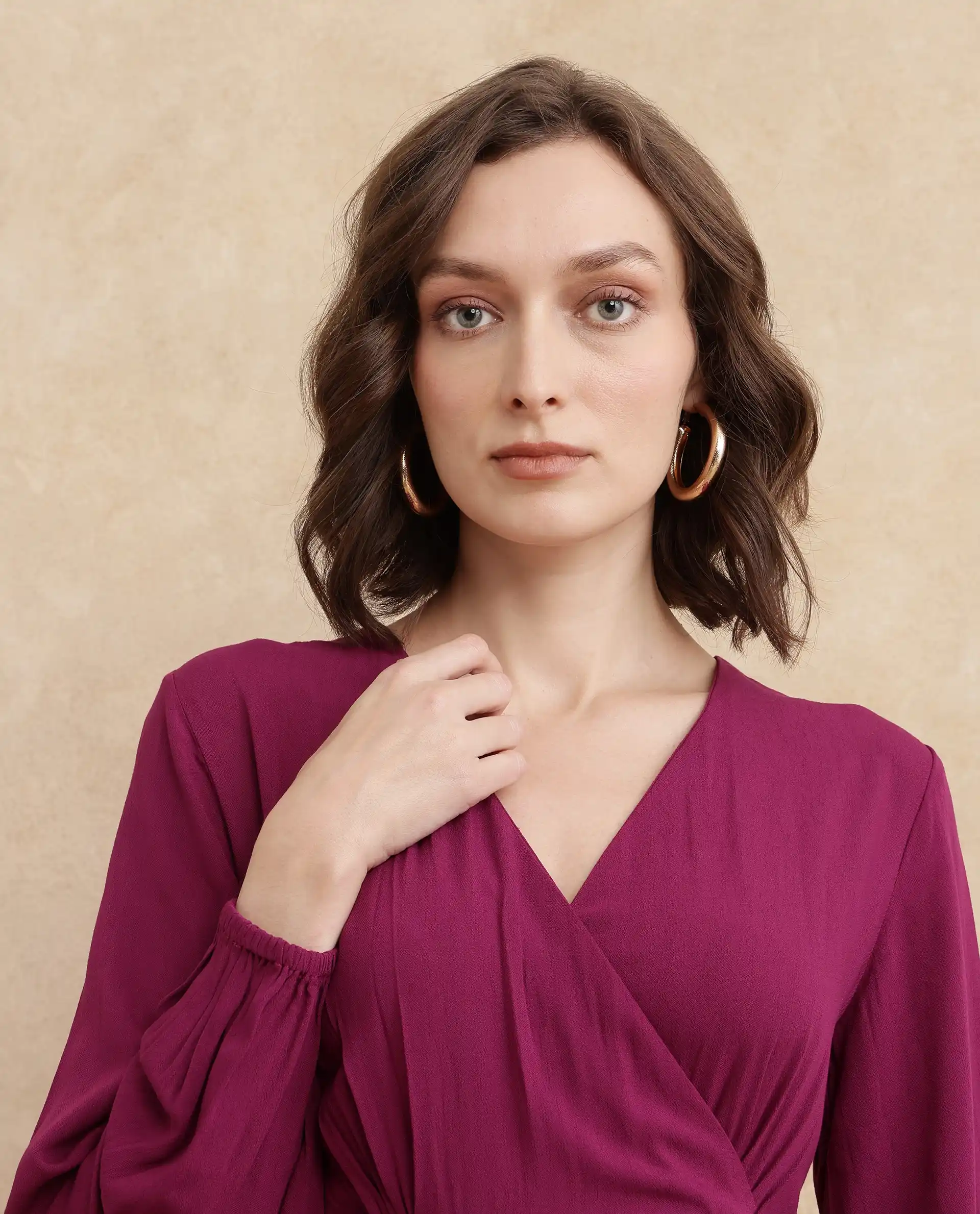 Rareism Women's Rens Dark Maroon Cotton Overlap Neck Plain Puff Sleeves Maxi Fit And Flare Dress - Image 6