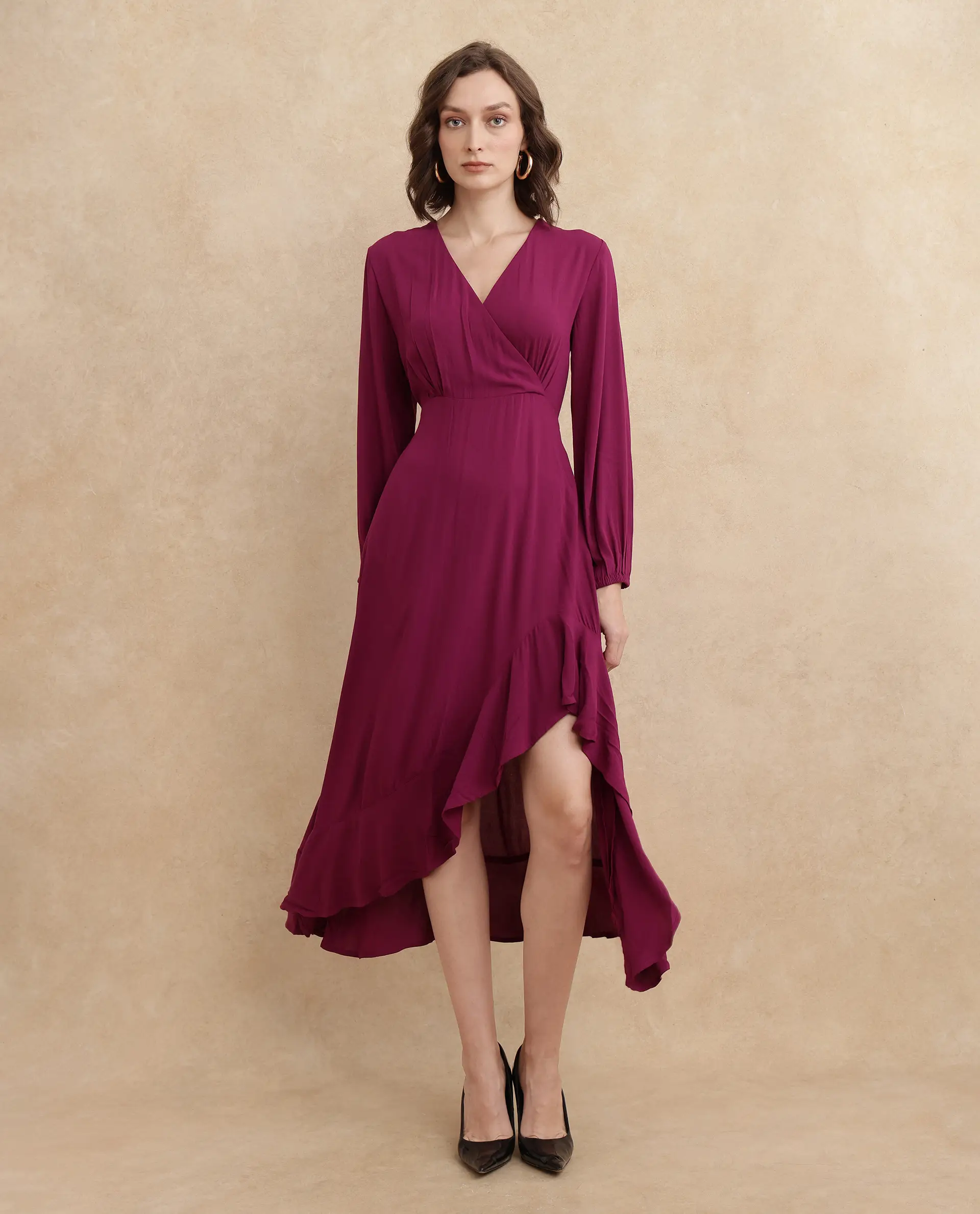 Rareism Women's Rens Dark Maroon Cotton Overlap Neck Plain Puff Sleeves Maxi Fit And Flare Dress - Image 7