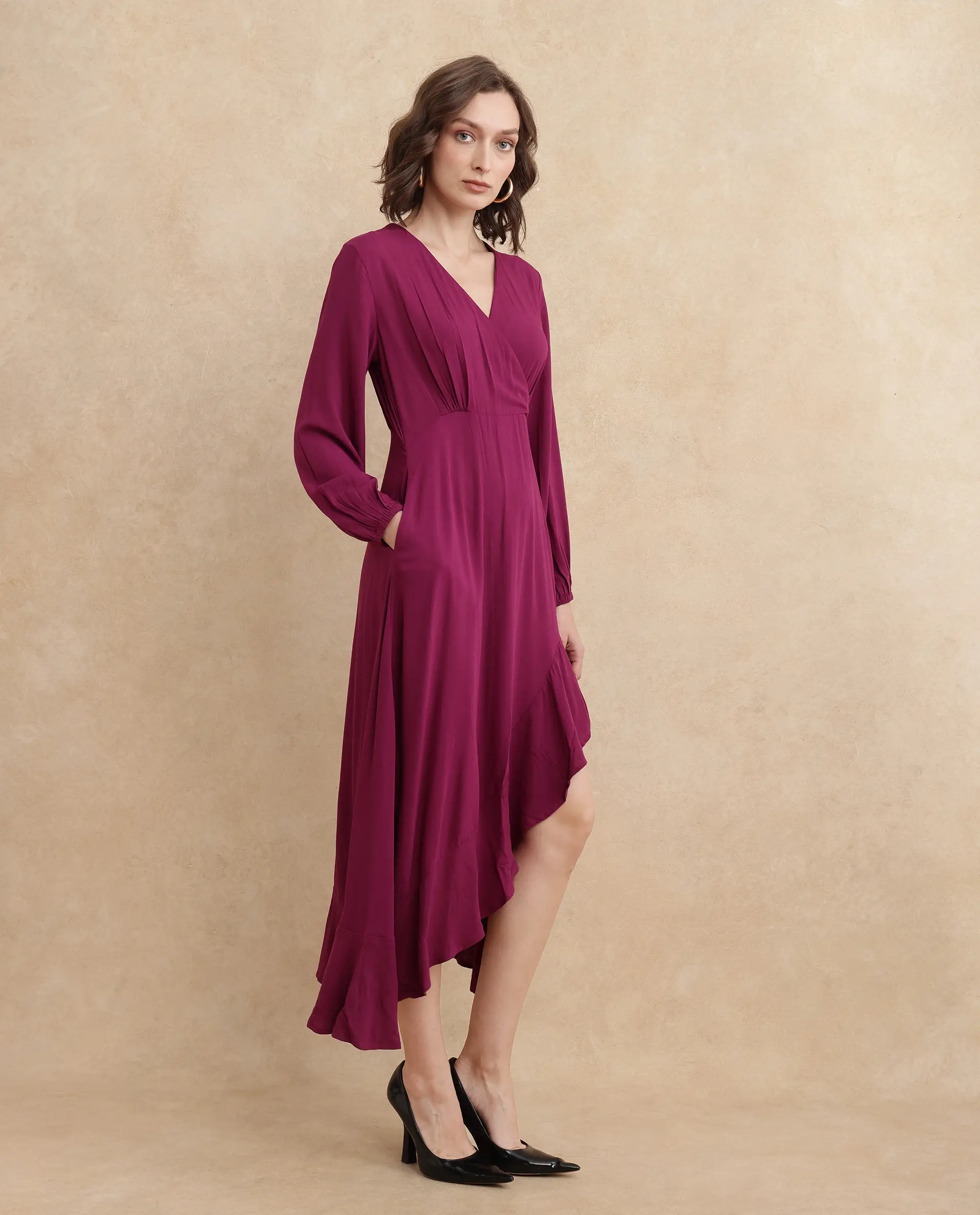 Rareism Women's Rens Dark Maroon Cotton Overlap Neck Plain Puff Sleeves Maxi Fit And Flare Dress - Image 9