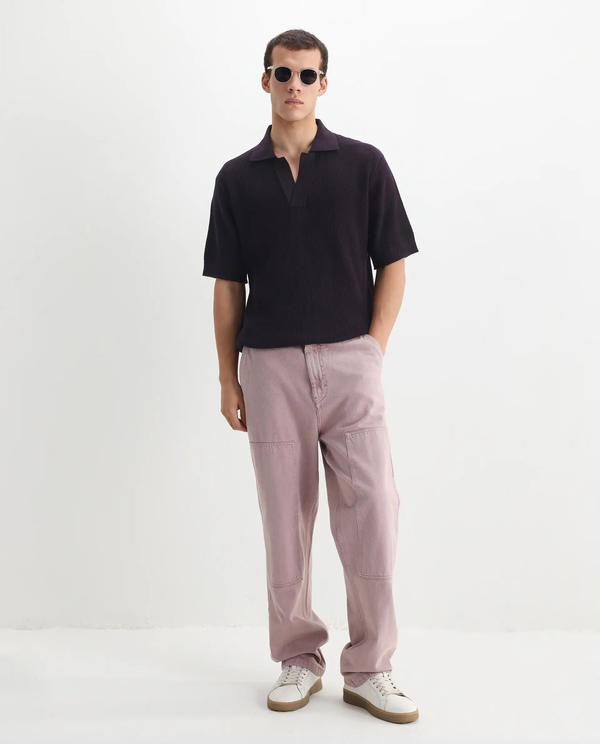 Rare Rabbit Men's Rera Dark Purple Cotton Textured Oversized Fit Half Sleeve Polo - Image 2