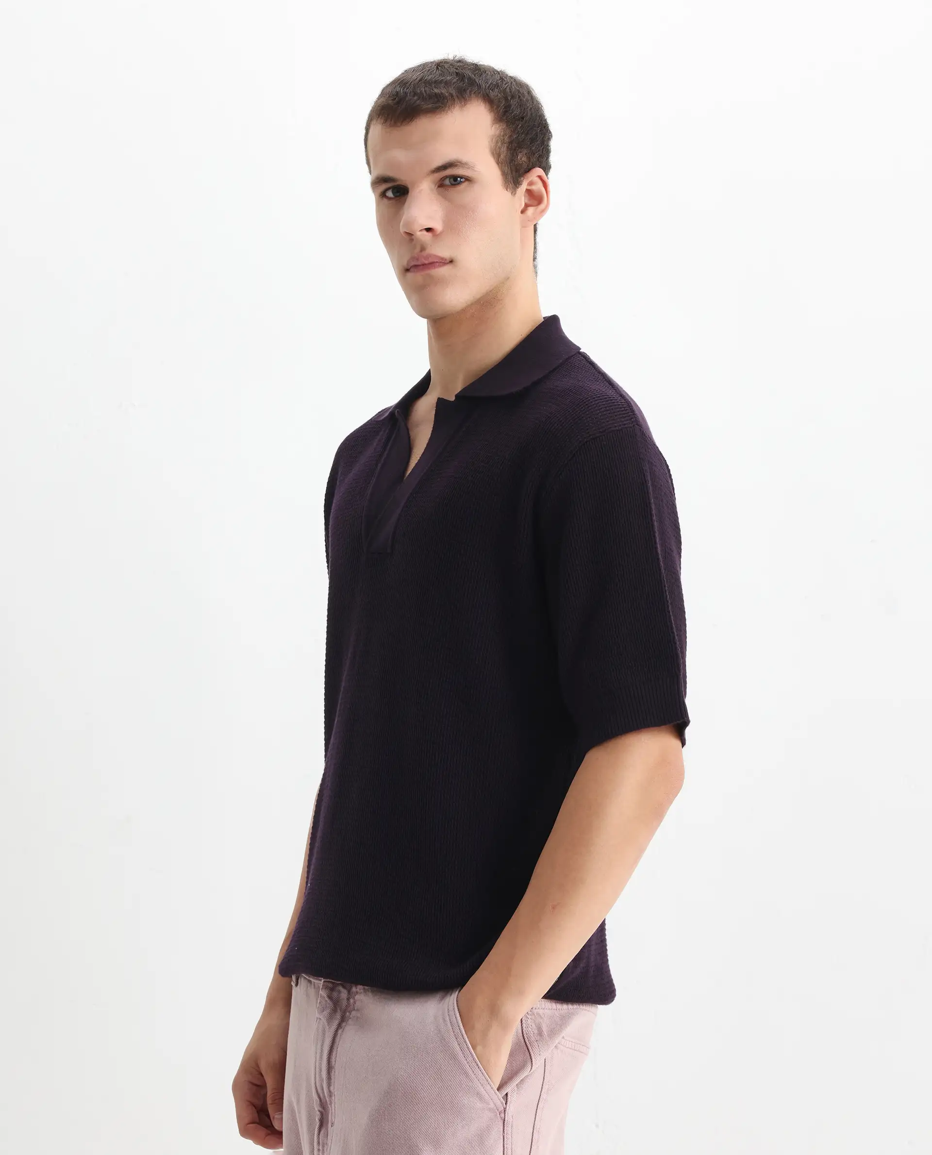 Rare Rabbit Men's Rera Dark Purple Cotton Textured Oversized Fit Half Sleeve Polo - Image 4