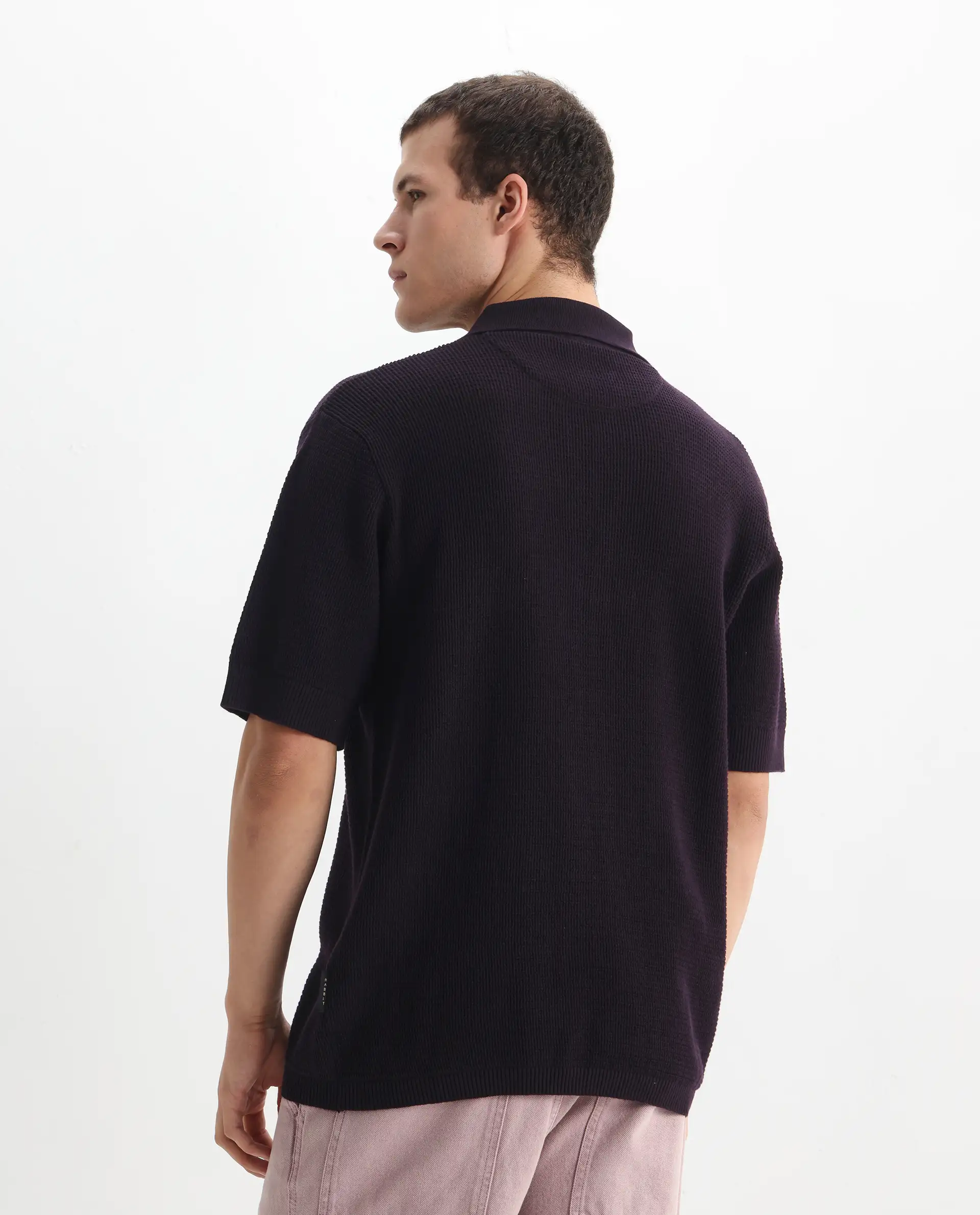 Rare Rabbit Men's Rera Dark Purple Cotton Textured Oversized Fit Half Sleeve Polo - Image 7