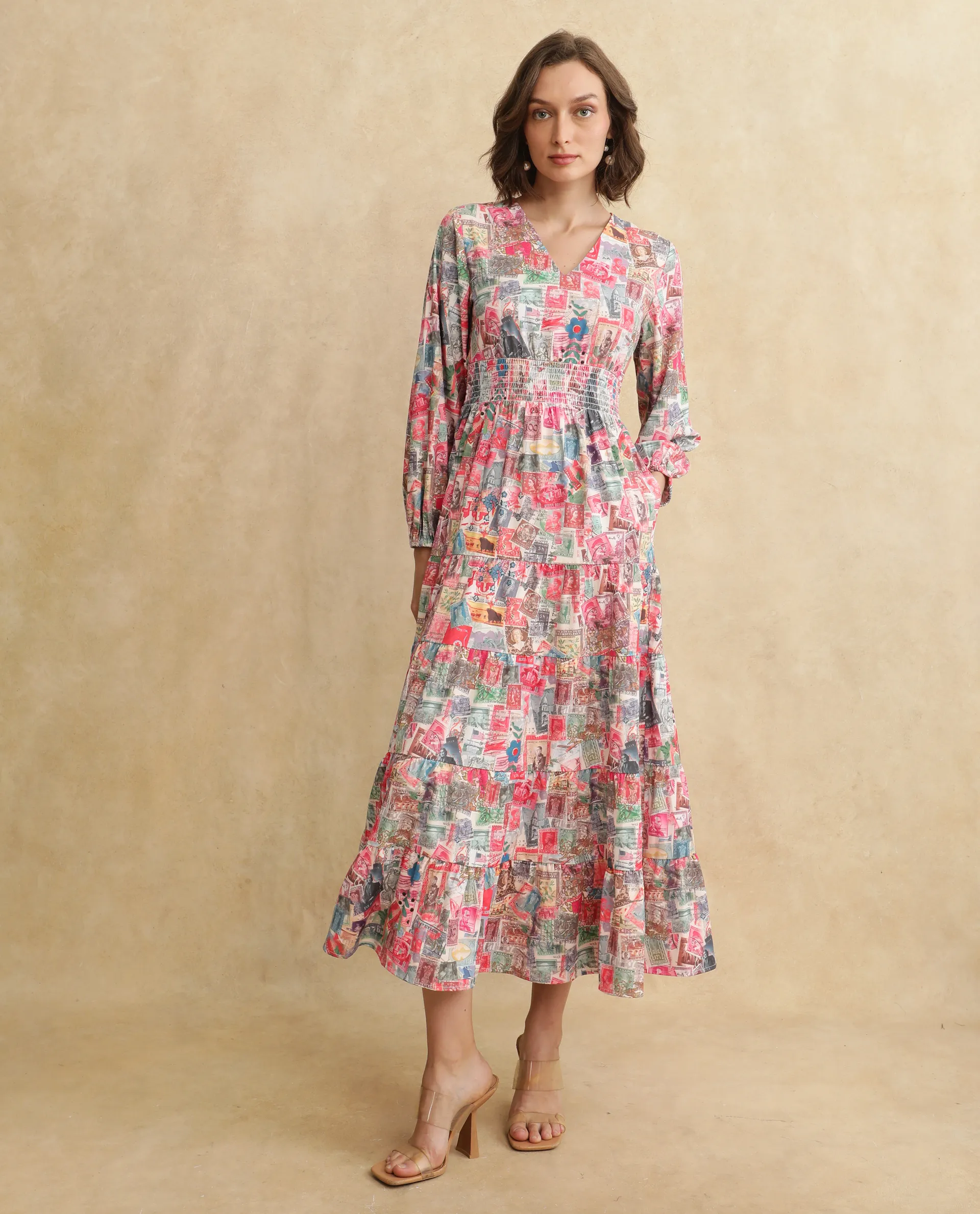 Rareism Women's Reting Light Multi Satin V-Neck Object Print Maxi Fit And Flare Dress