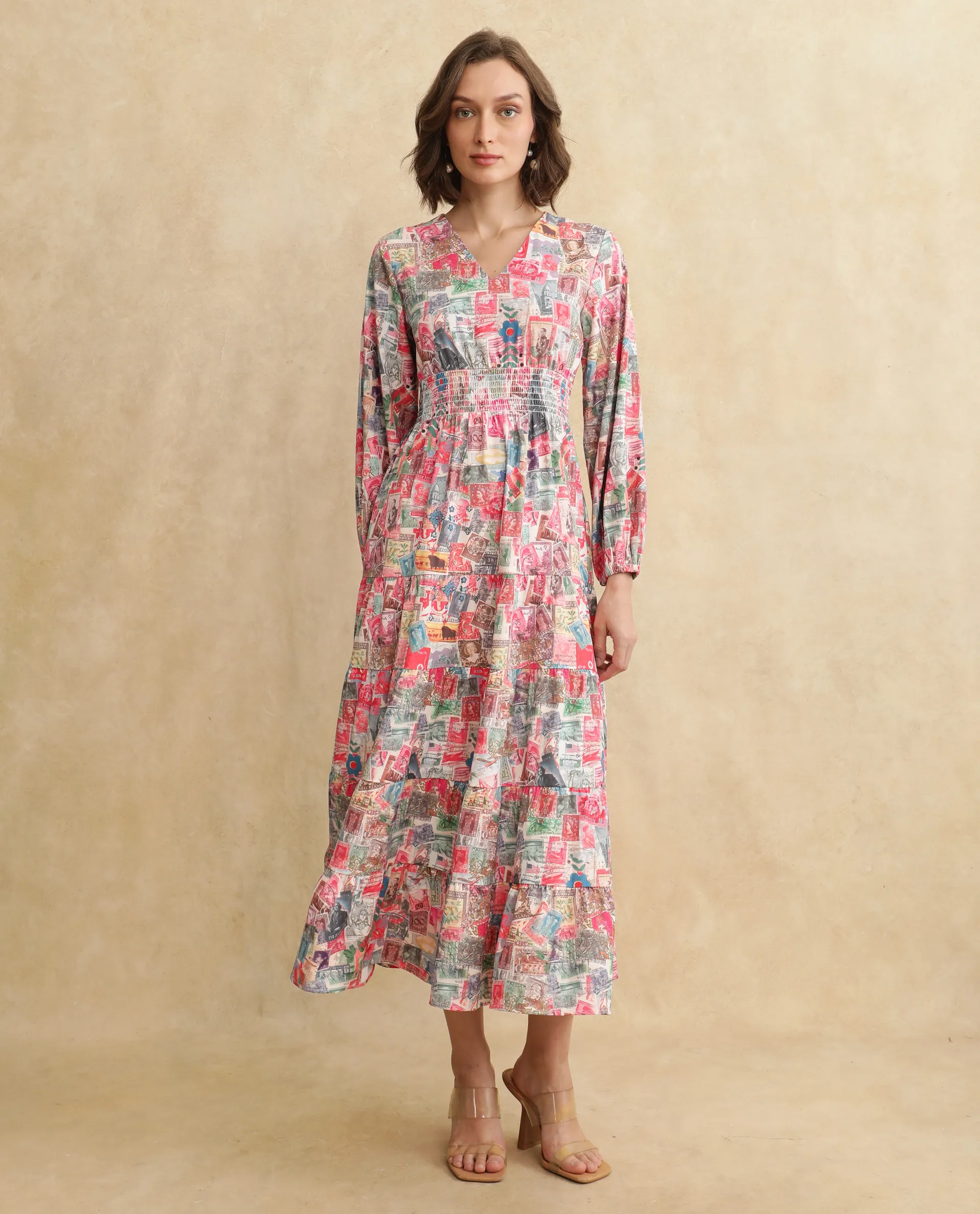 Rareism Women's Reting Light Multi Satin V-Neck Object Print Maxi Fit And Flare Dress - Image 2