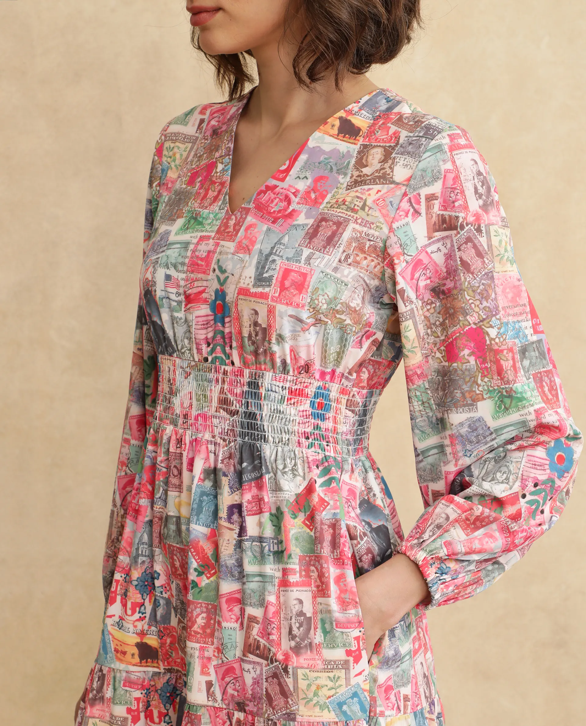 Rareism Women's Reting Light Multi Satin V-Neck Object Print Maxi Fit And Flare Dress - Image 3