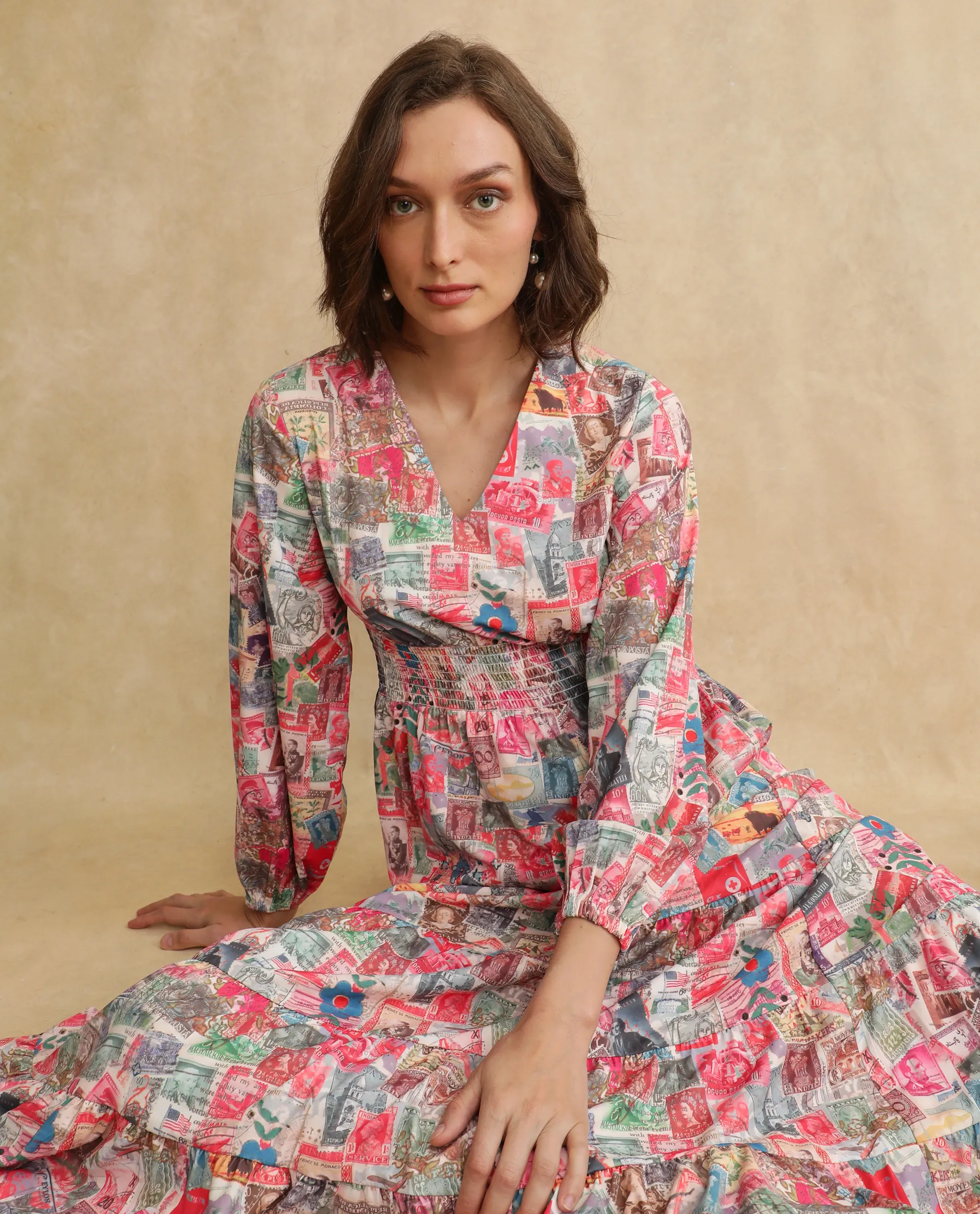 Rareism Women's Reting Light Multi Satin V-Neck Object Print Maxi Fit And Flare Dress - Image 5