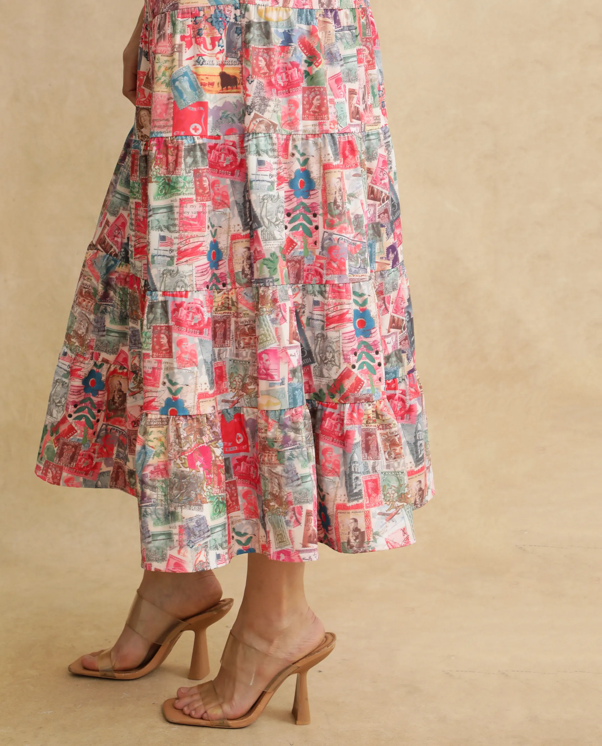 Rareism Women's Reting Light Multi Satin V-Neck Object Print Maxi Fit And Flare Dress - Image 6