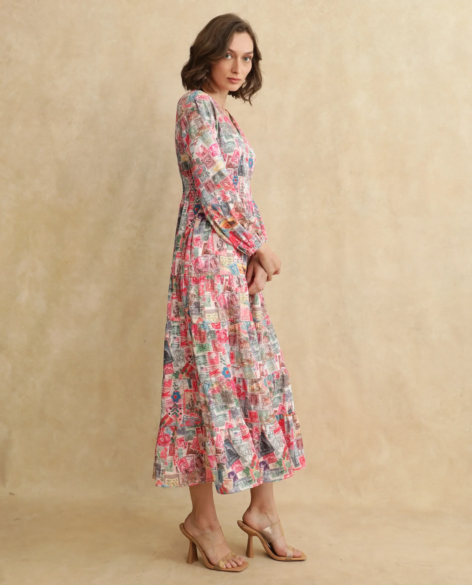 Rareism Women's Reting Light Multi Satin V-Neck Object Print Maxi Fit And Flare Dress - Image 7