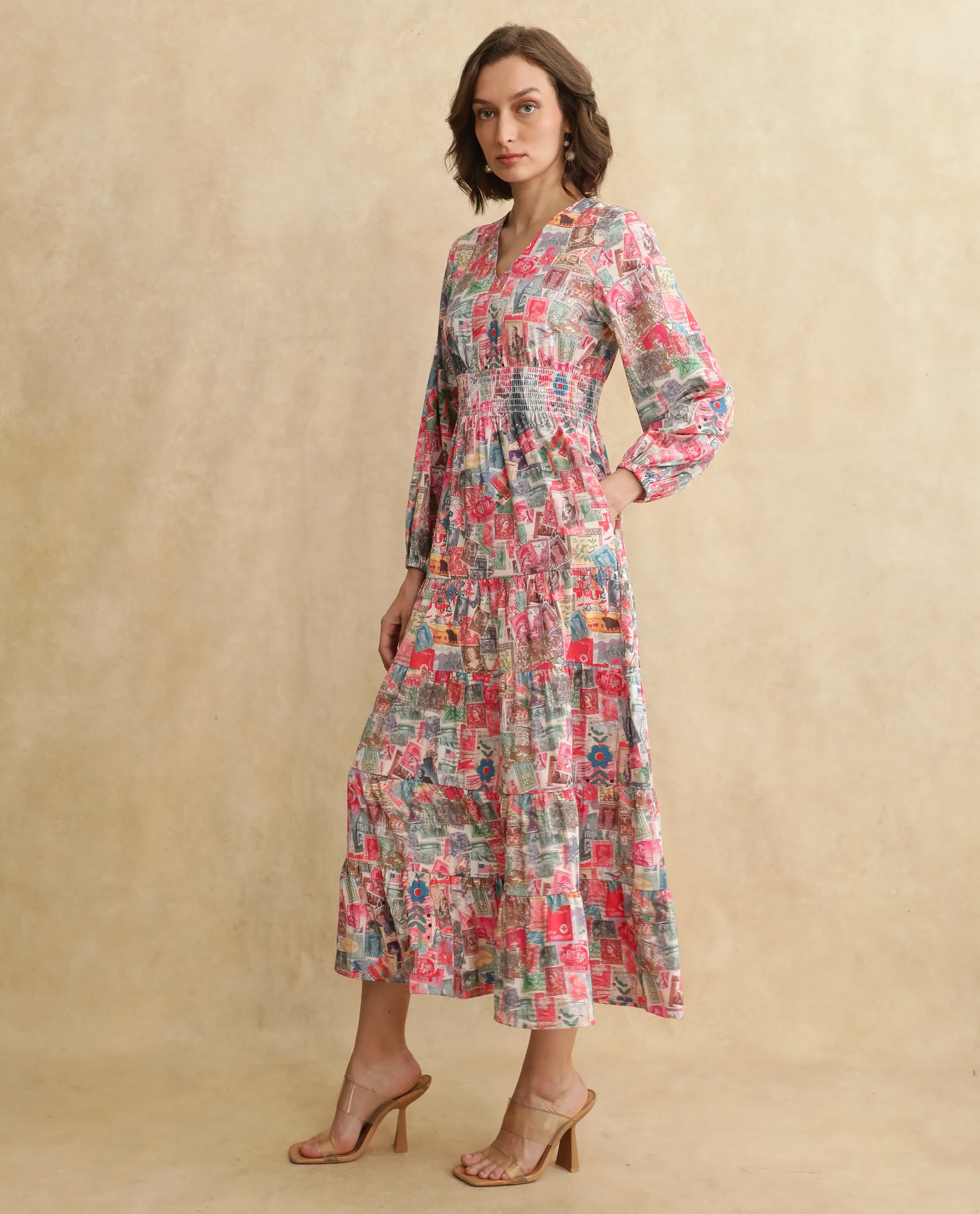 Rareism Women's Reting Light Multi Satin V-Neck Object Print Maxi Fit And Flare Dress - Image 8