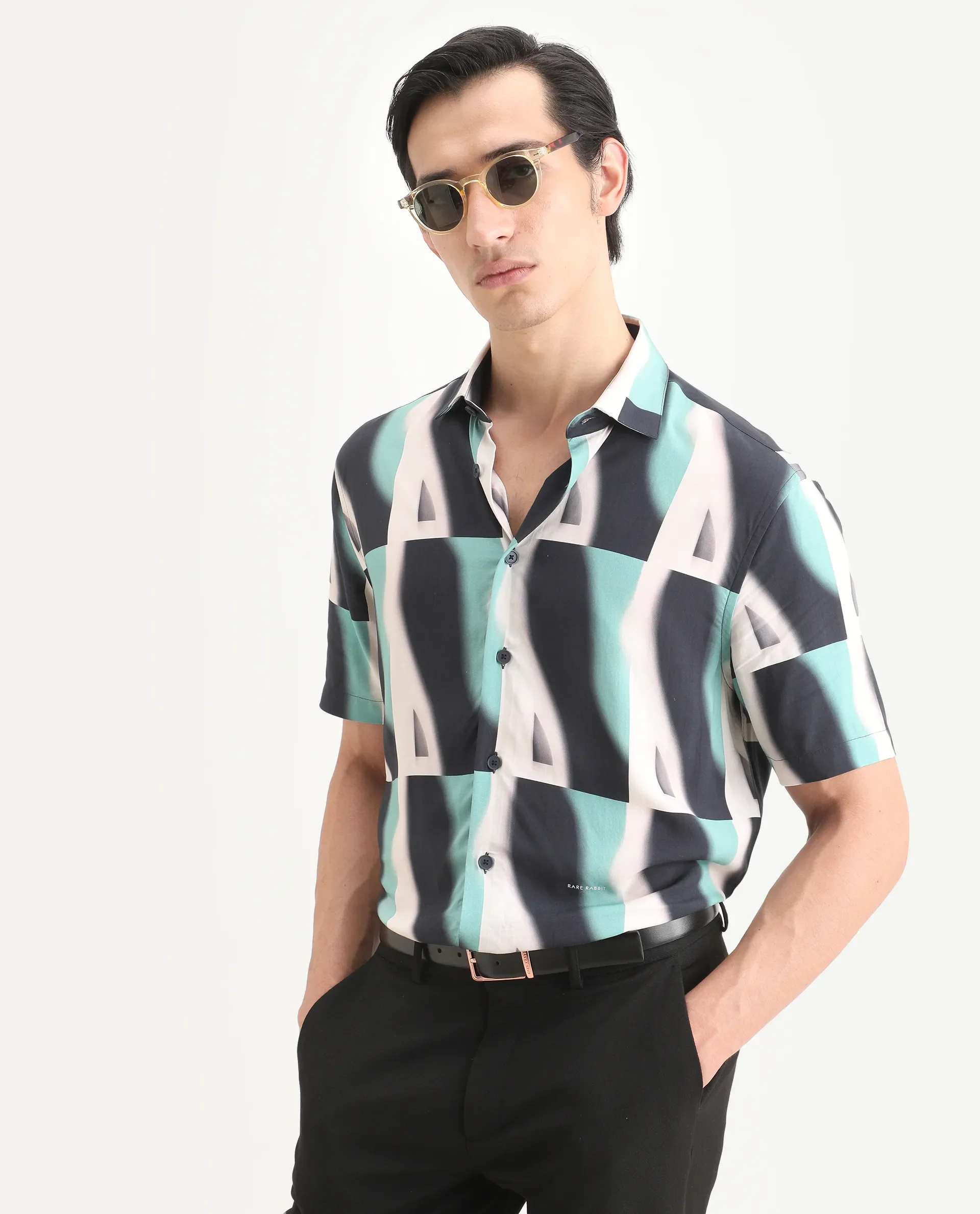 Rare Rabbit Men's Retro Truq Viscose Fabric Collared Neck Regular Printed Shirt
