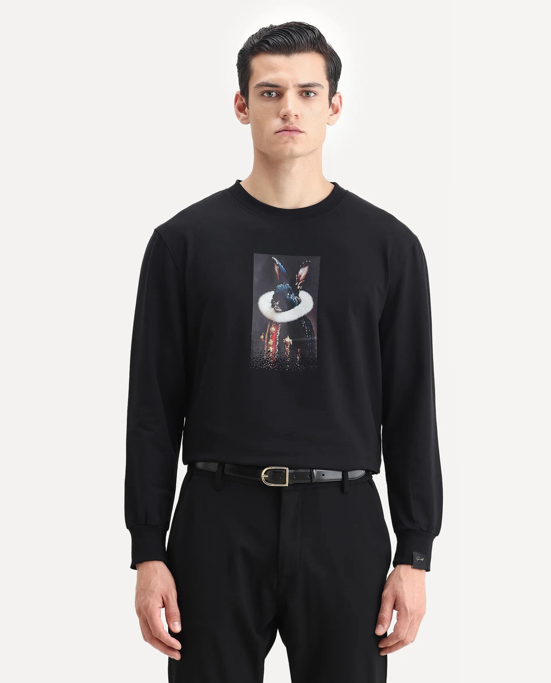 Rare Rabbit Men's Rib Black Cotton Plain Regular Fit Full Sleeve Crew Neck Sweatshirt