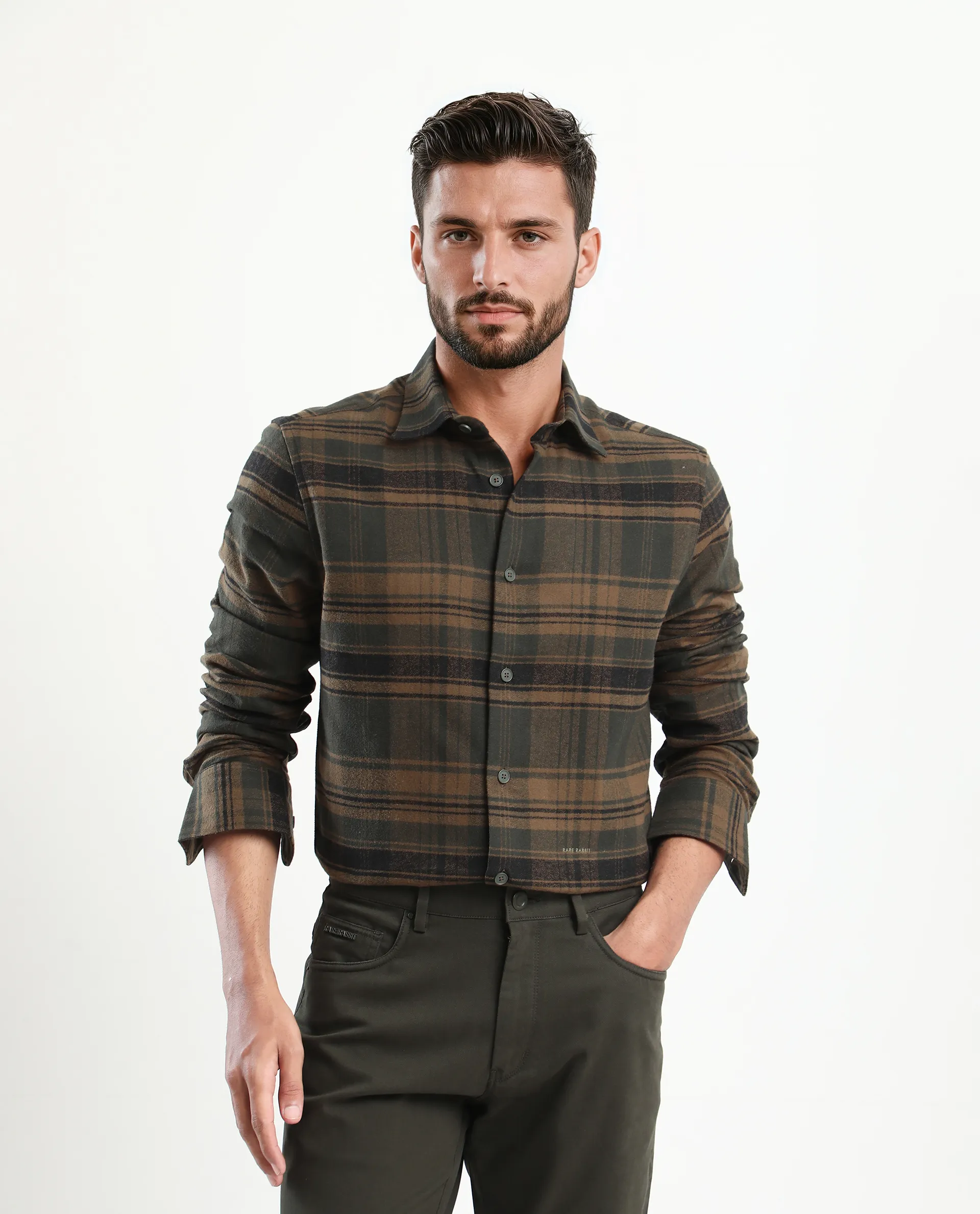 Rare Rabbit Men's Ricl Brown Cotton Checked Print Regular Fit Full Sleeve Collared Shirt