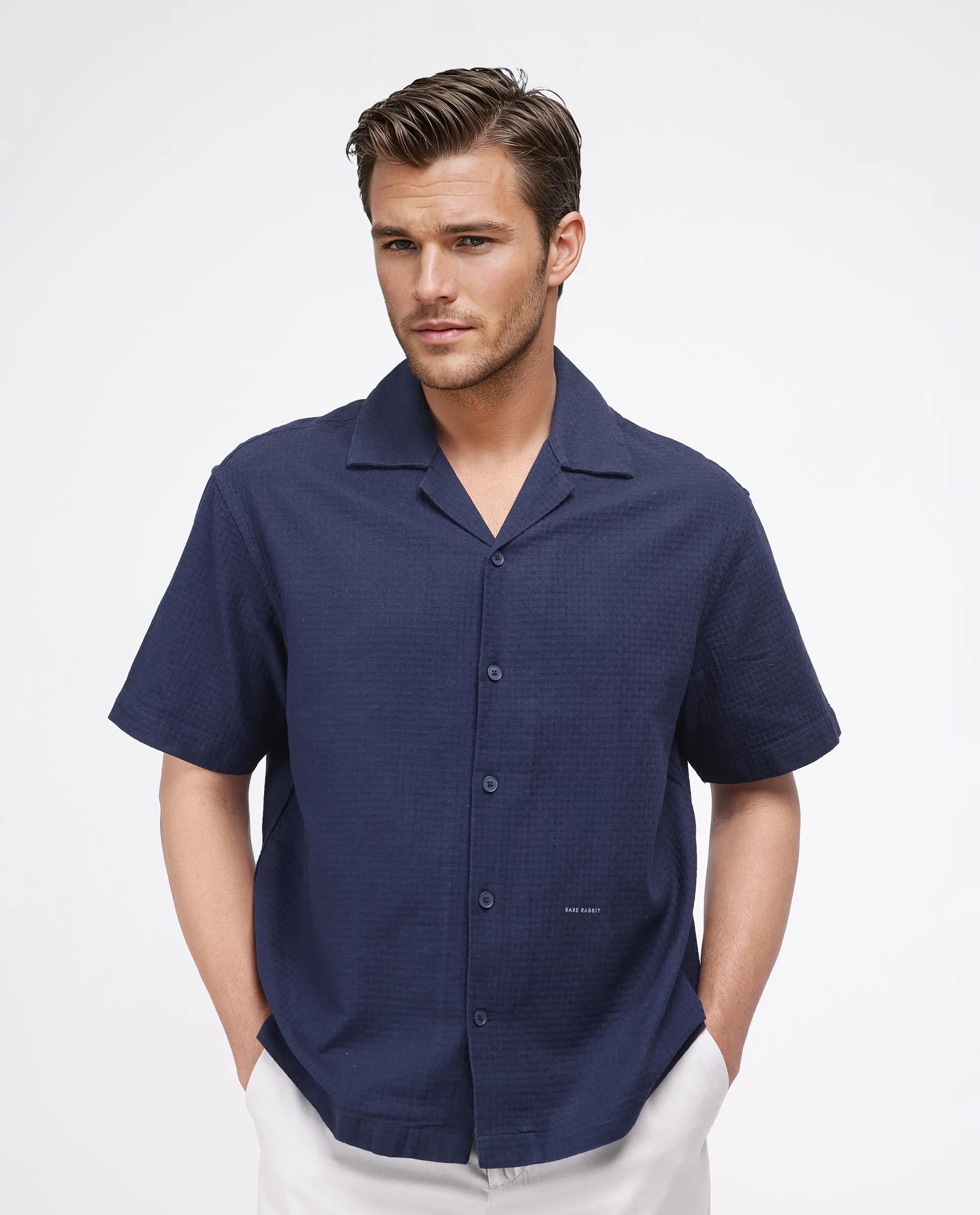 Rare Rabbit Men's Rics Navy Cotton Textured Boxy Fit Half Sleeve Collared Shirt