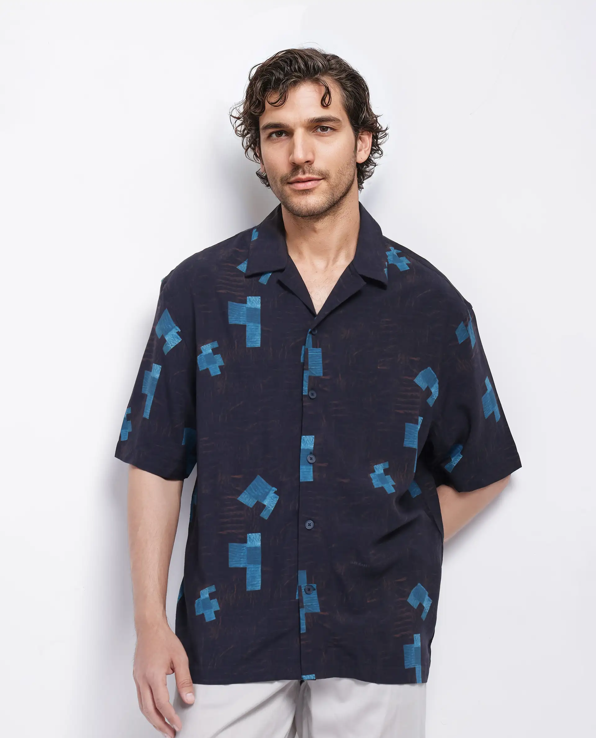 Rare Rabbit Men's Riko Dark Brown Viscose Abstract Print Oversized Fit Half Sleeve Cuban Collar Shirt