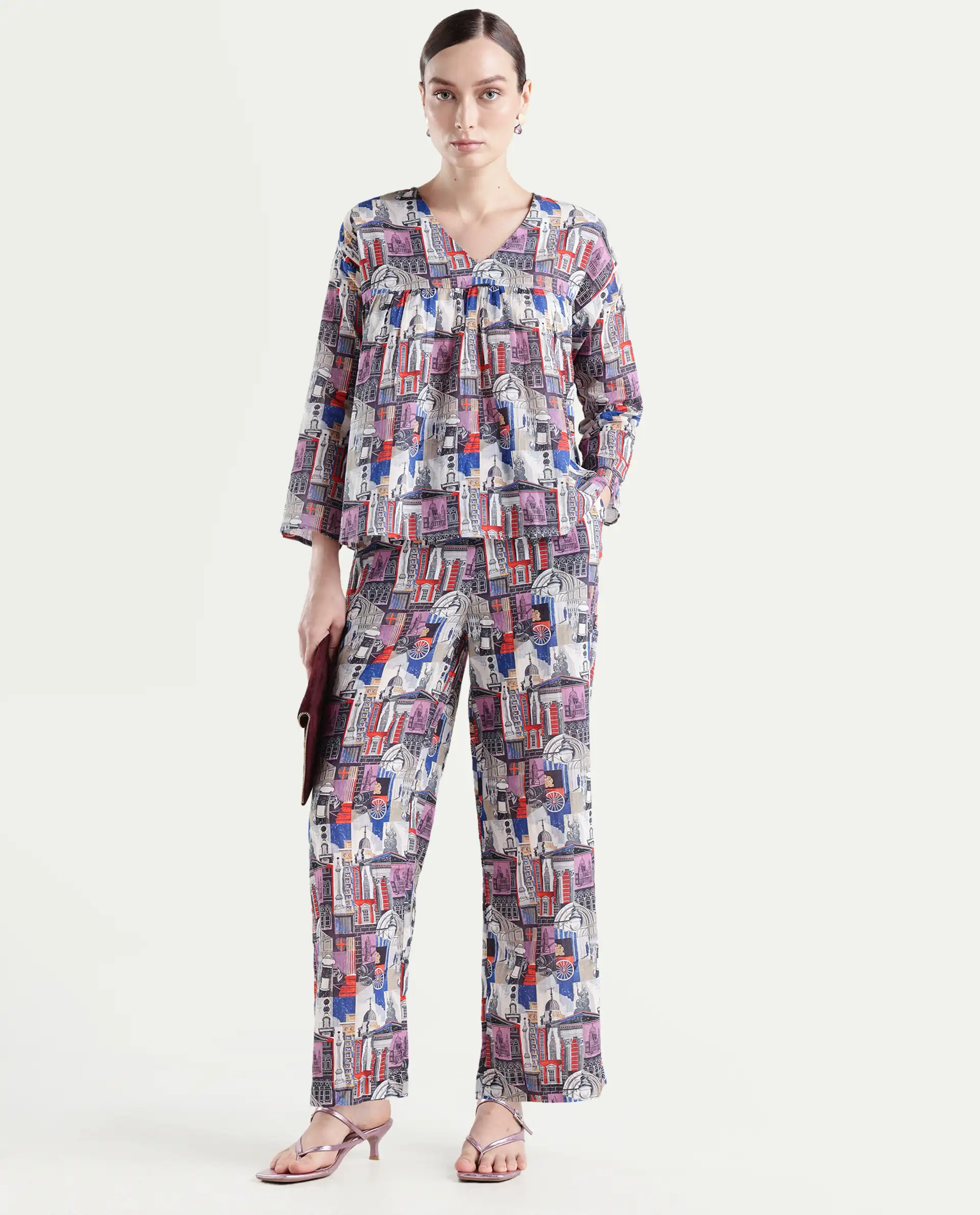 Rareism Women's Rinata-B Multi Cotton Abstract Print Ankle Length Straight Fit Trouser