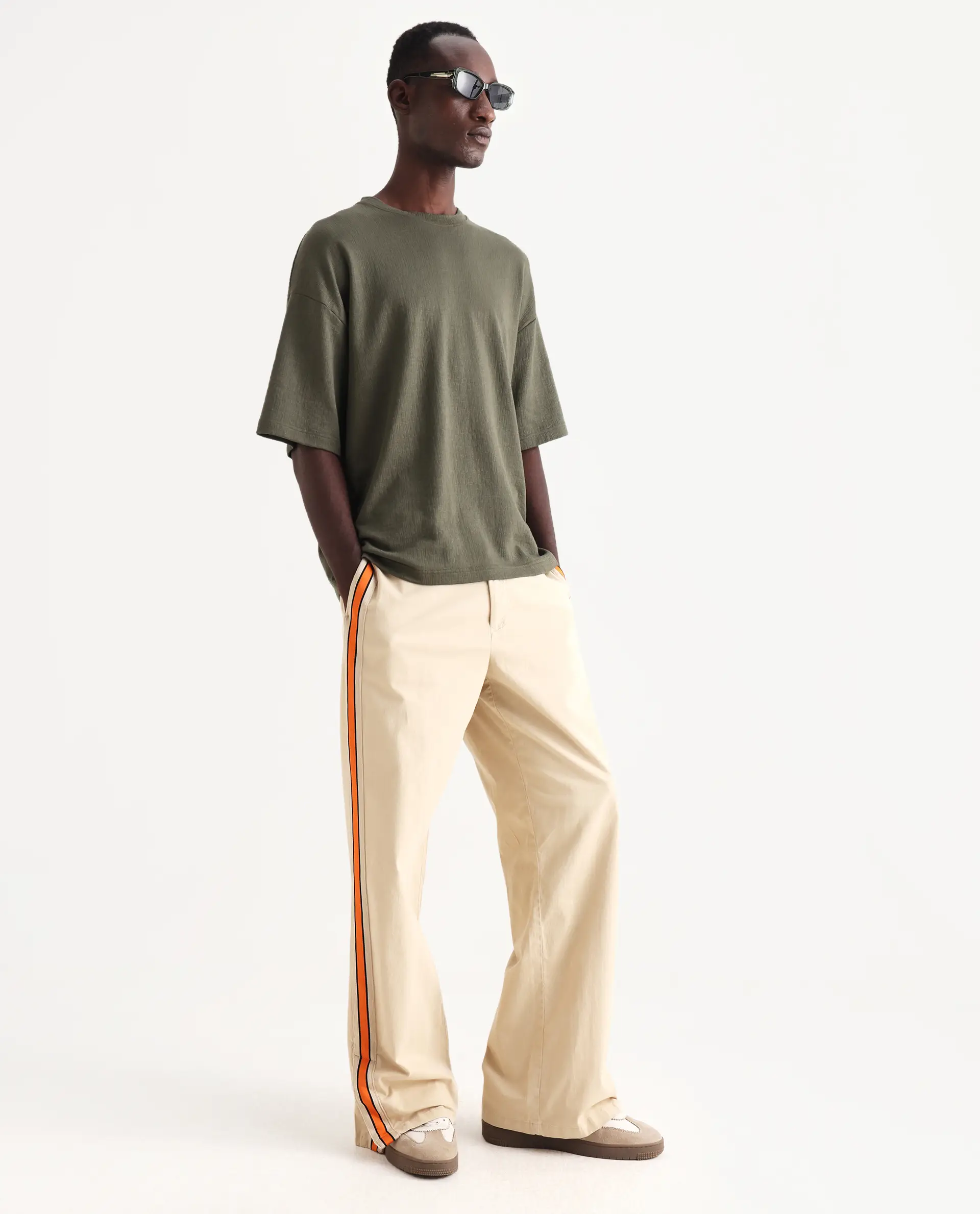 Rare Rabbit Men's Riol Beige Cotton Blend Plain Wide Leg Trouser