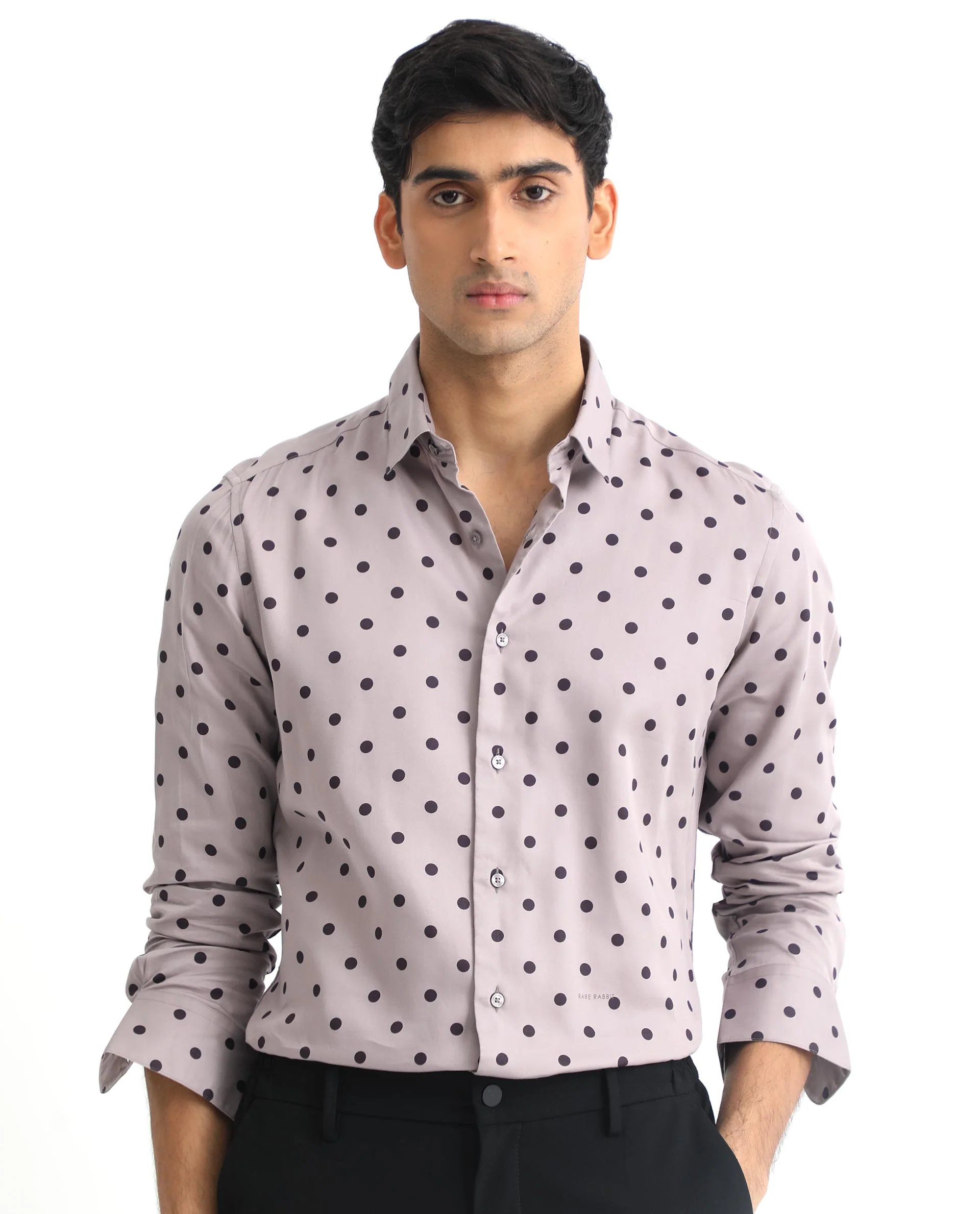 Rare Rabbit Men's Rish Pastel Purple Cotton Polka Print Regular Fit Full Sleeve Collared Shirt