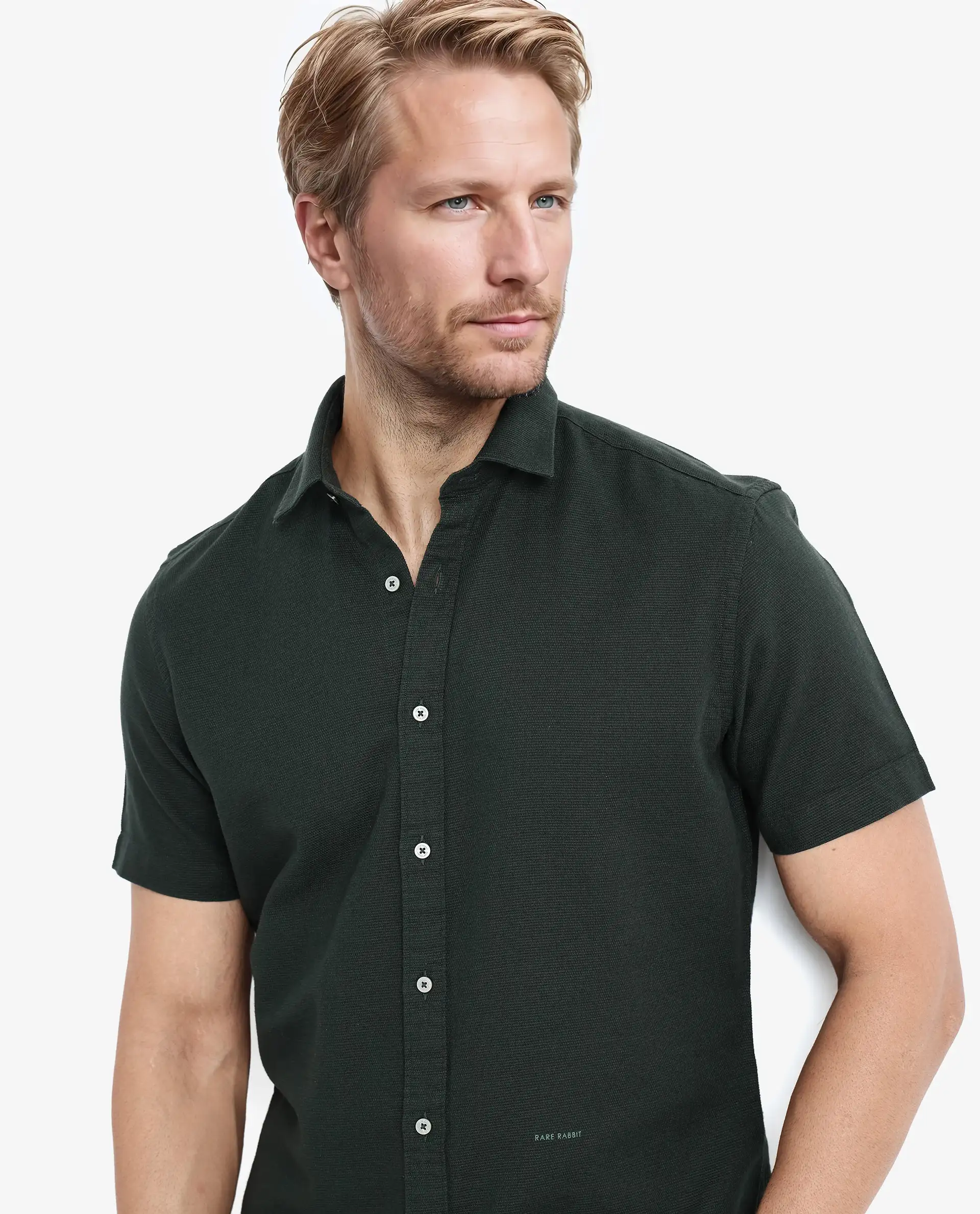Rare Rabbit Men's Rissa Dark Green Cotton Plain Regular Fit Half Sleeve Collared Shirt