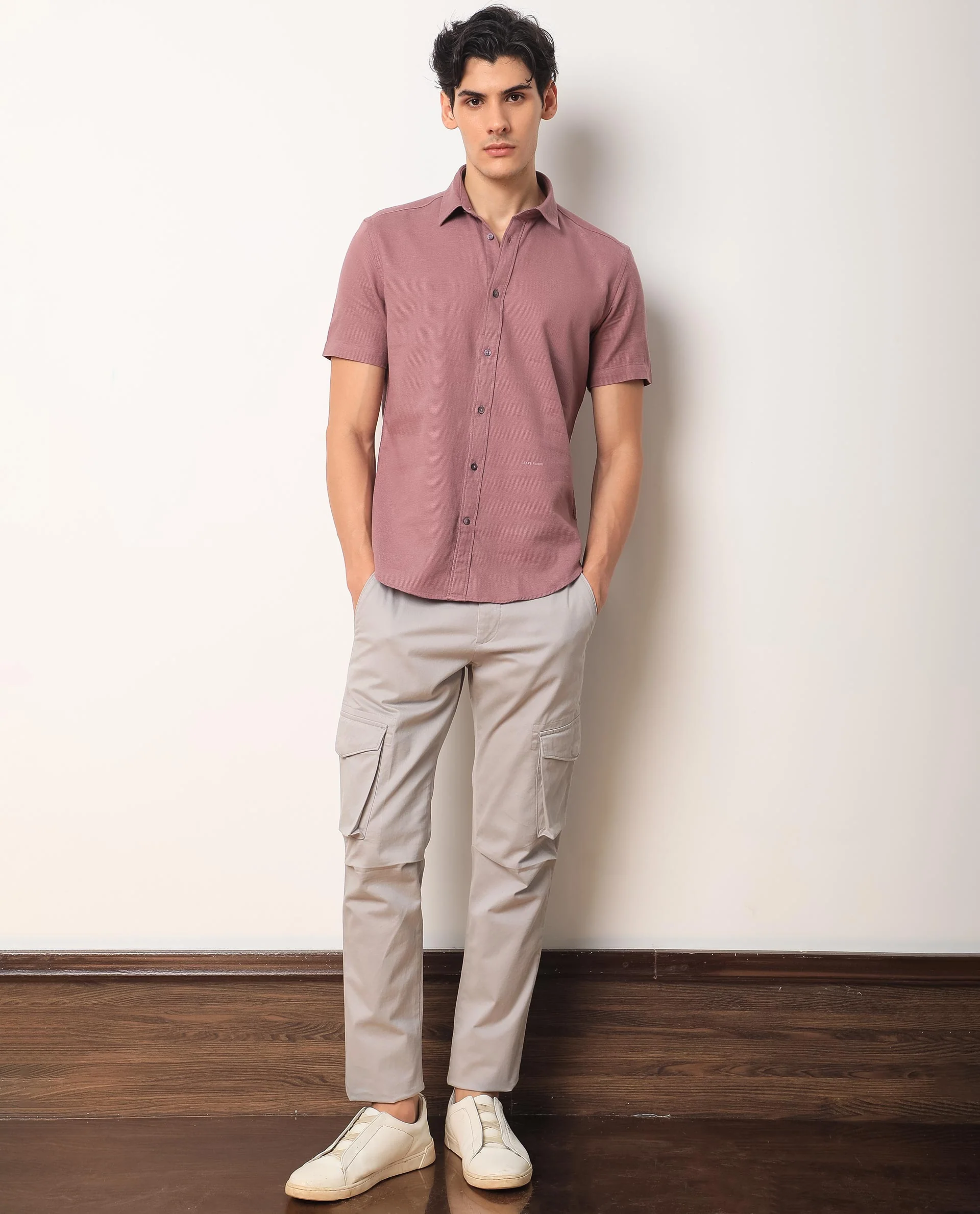 Rare Rabbit Men's Rissa Dusky Pink Cotton Plain Regular Fit Half Sleeve Collared Shirt - Image 6