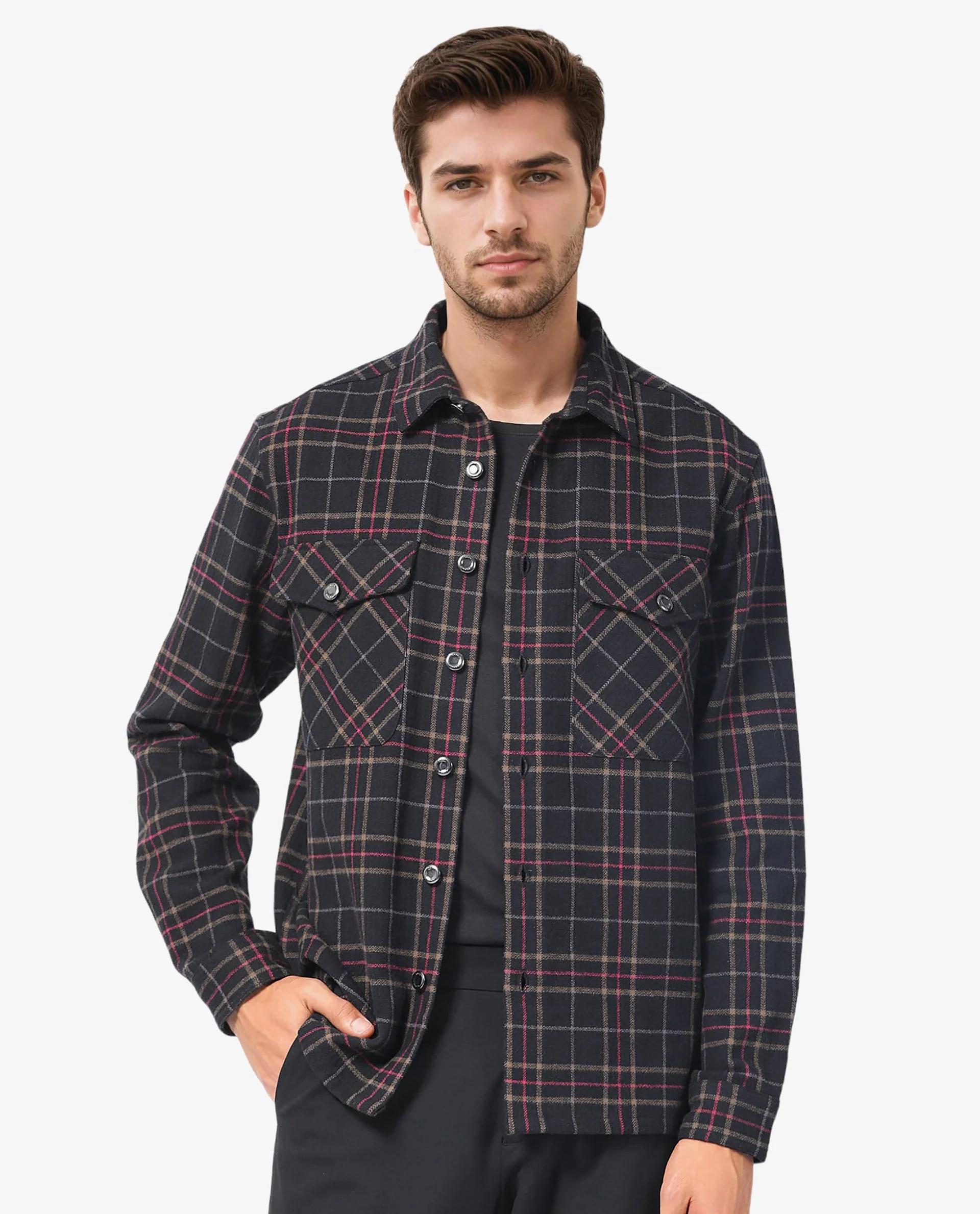 Rare Rabbit Men's Roche Black Cotton Checked Print Relaxed Fit Full Sleeve Collared Shacket