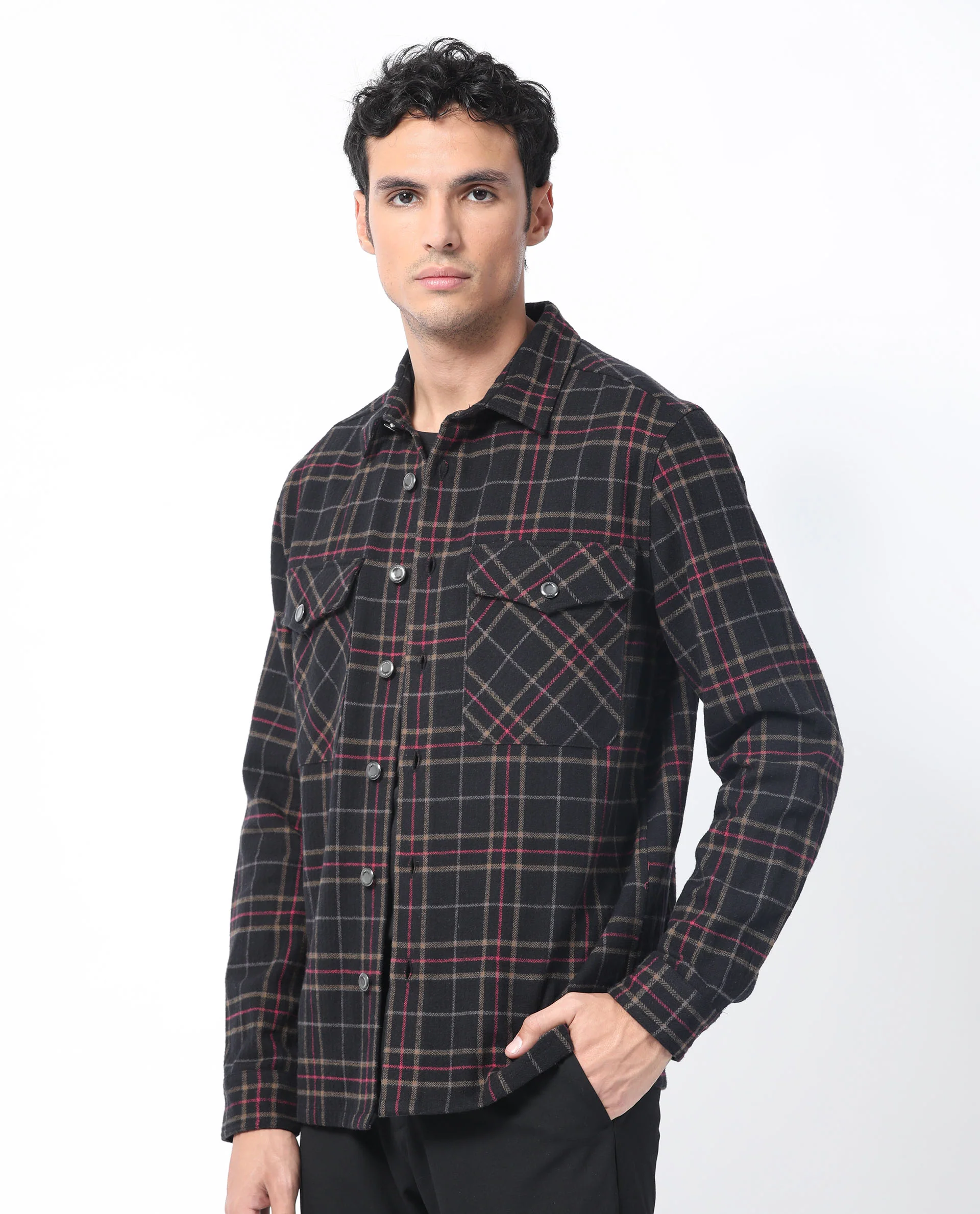 Rare Rabbit Men's Roche Black Cotton Checked Print Relaxed Fit Full Sleeve Collared Shacket - Image 8