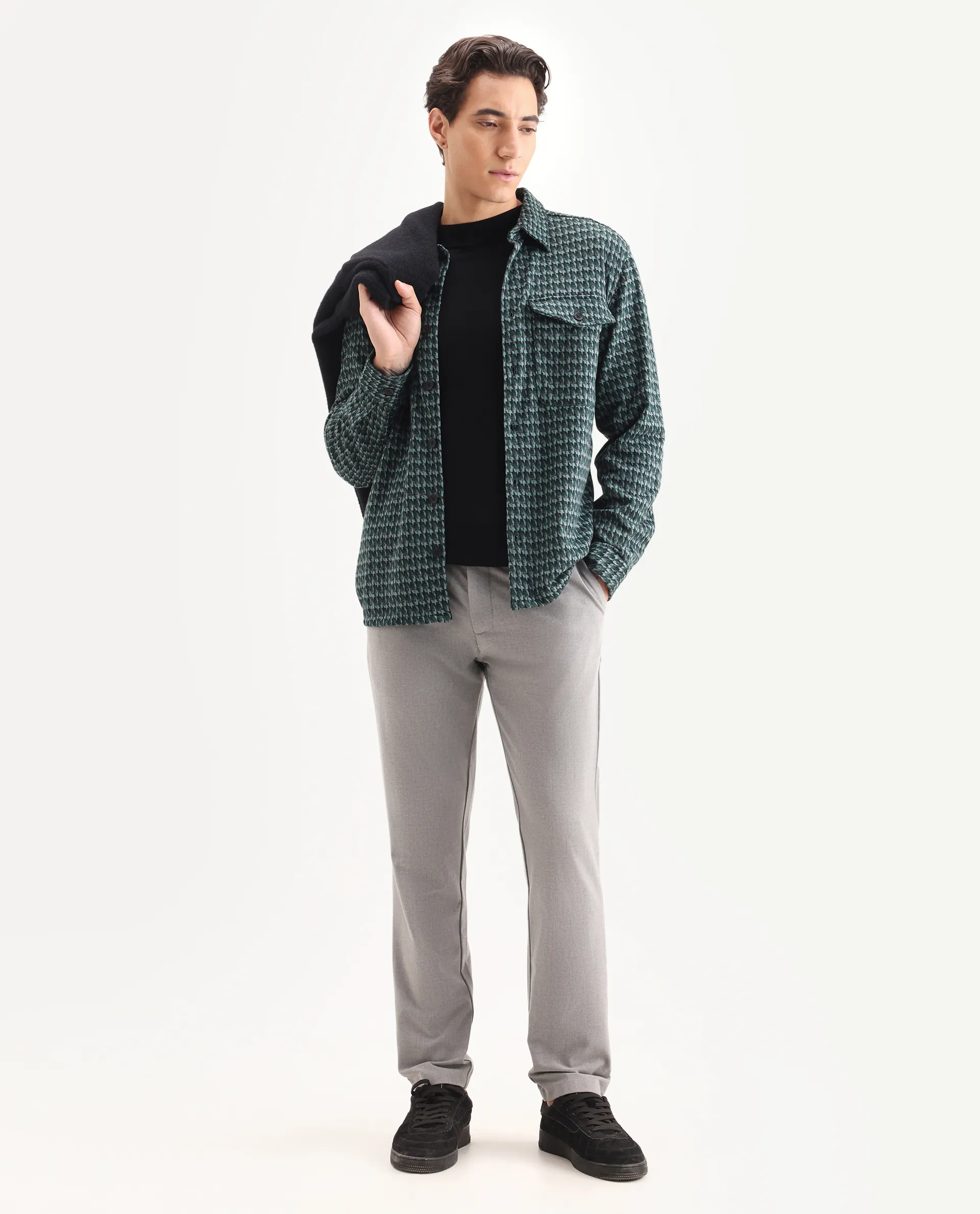 Rare Rabbit Men's Rodez Green Cotton Checked Print Relaxed Fit Full Sleeve Collared Shacket - Image 2