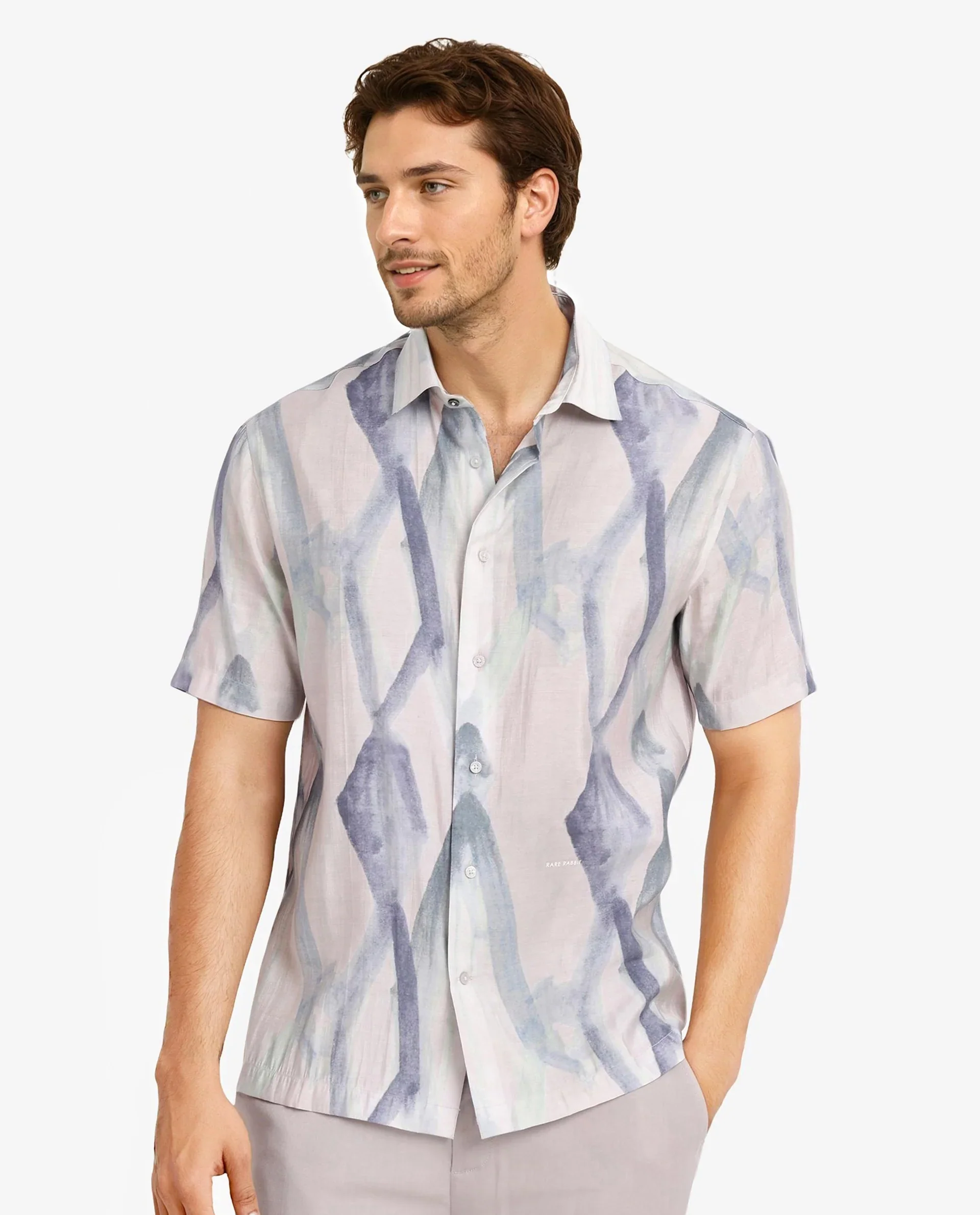 Rare Rabbit Men's Rogue Pastel Pink Cotton Abstract Print Regular Fit Half Sleeve Collared Shirt