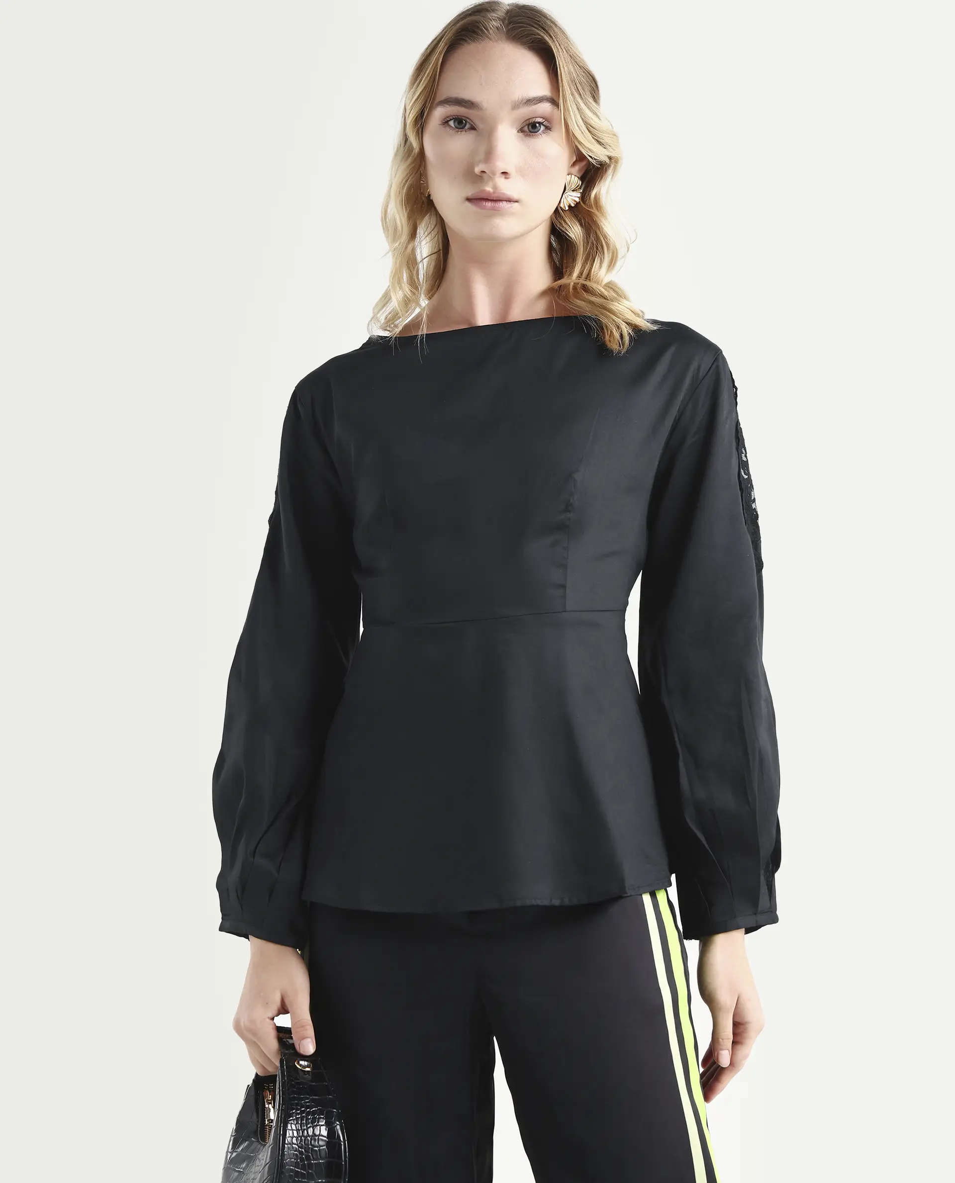 Rareism Women's Rolina Black Cotton Boat Neck Plain Balloon Sleeve Regular Fit Top